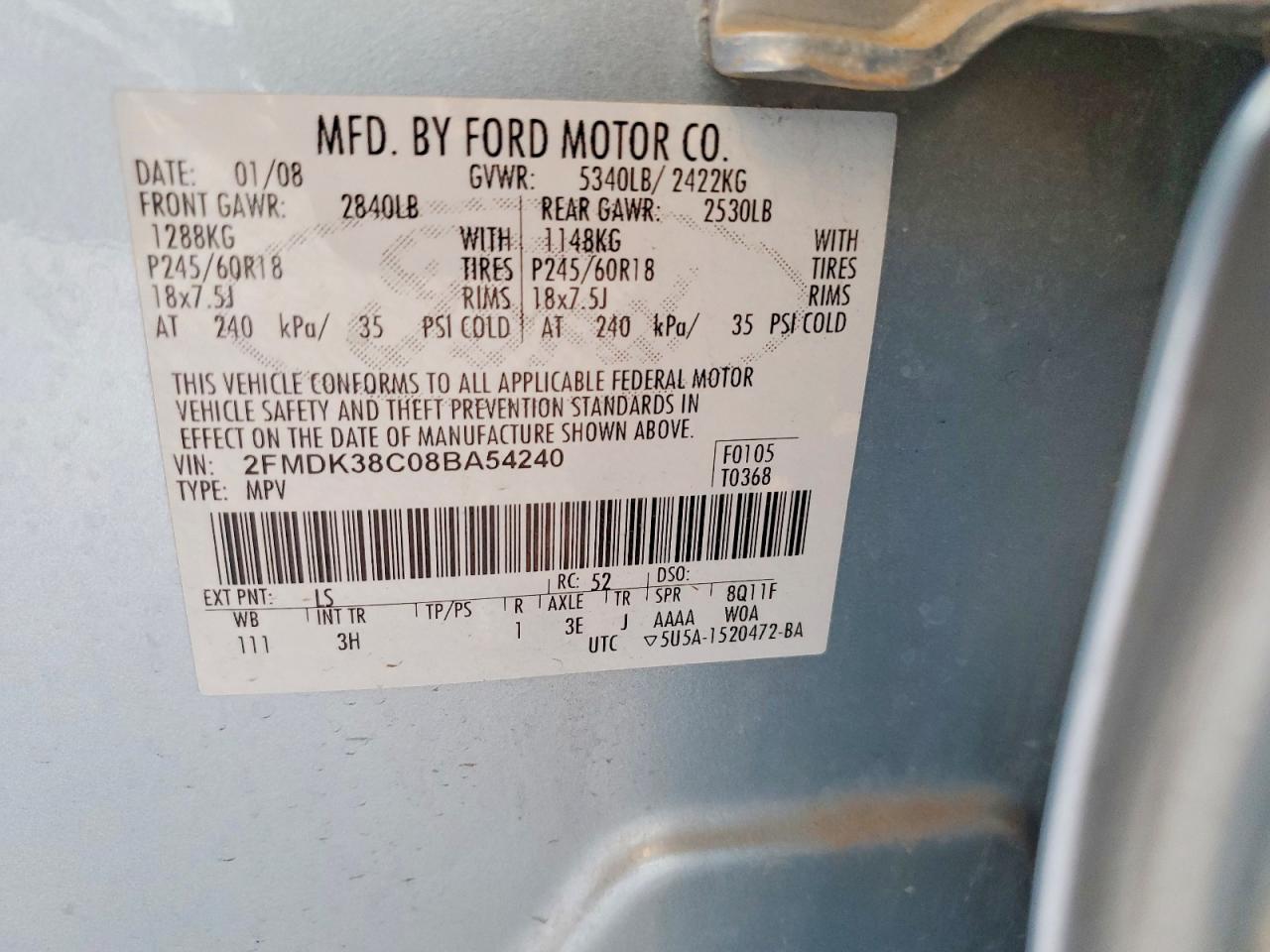 2008 Ford Edge Sel Blue vin: 2FMDK38C08BA54240