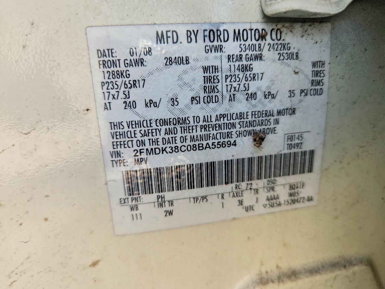 2008 Ford Edge Sel Cream vin: 2FMDK38C08BA55694