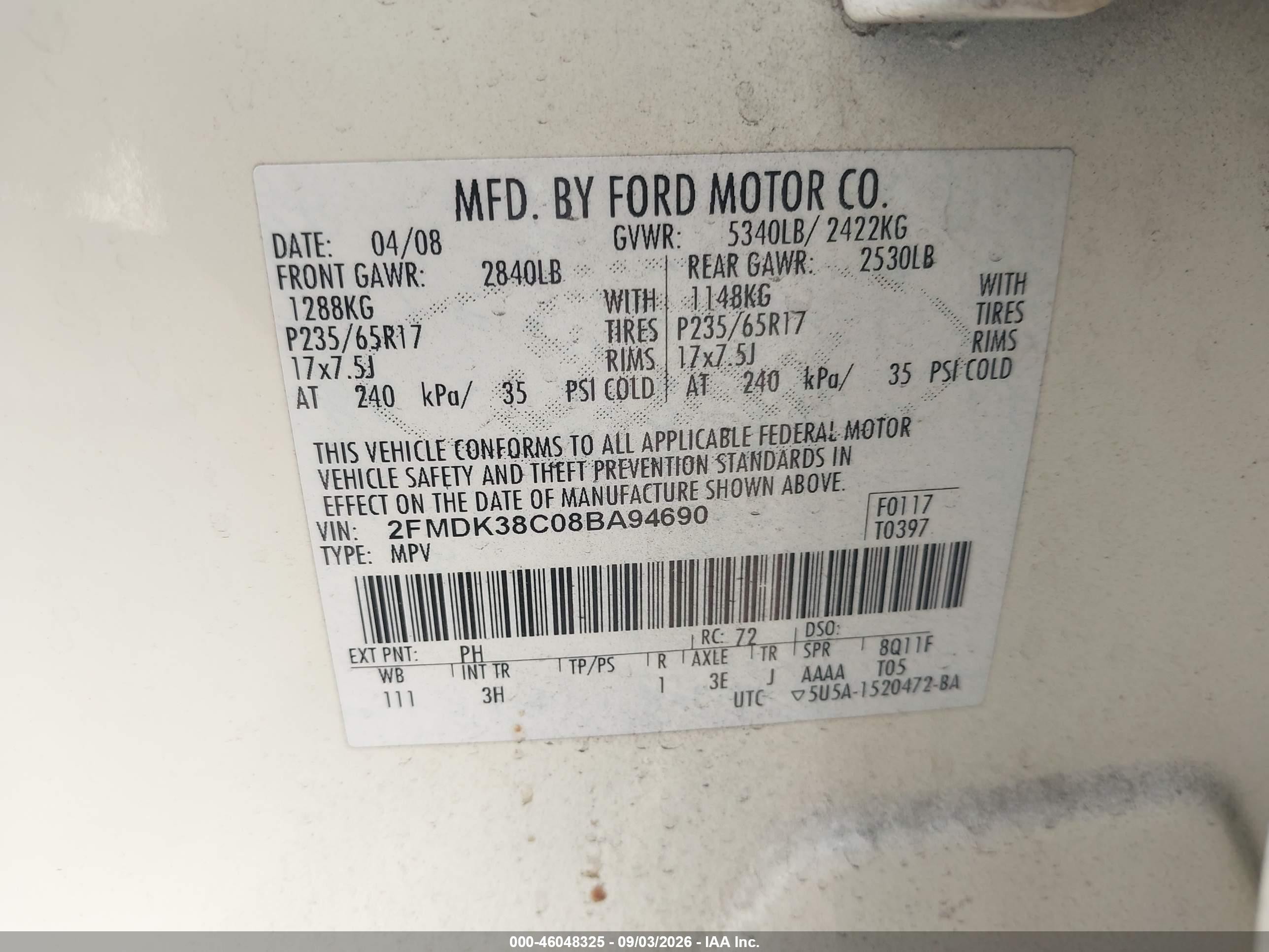2008 Ford Edge Sel White vin: 2FMDK38C08BA94690