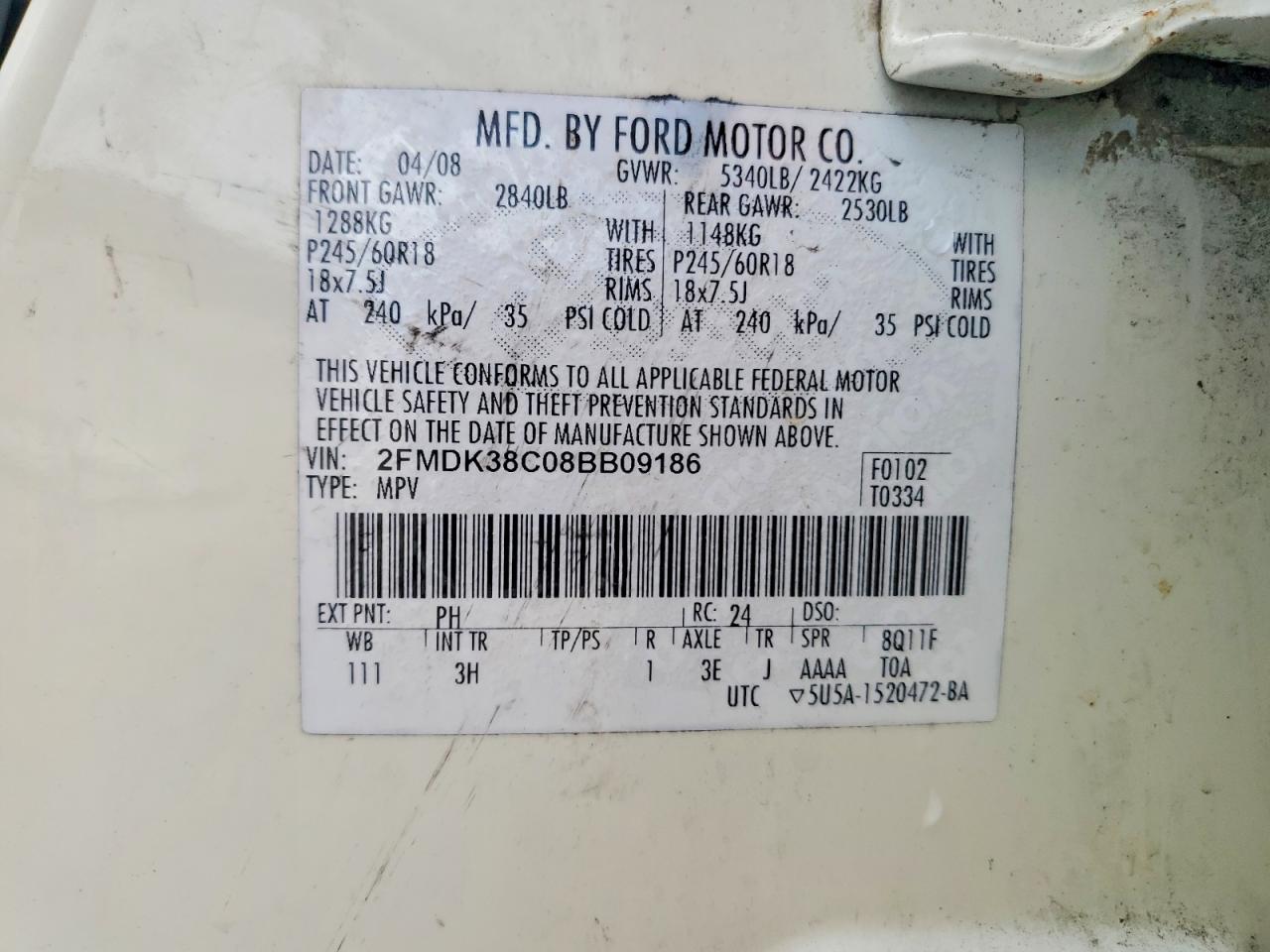 2008 Ford Edge Sel Бежевый vin: 2FMDK38C08BB09186
