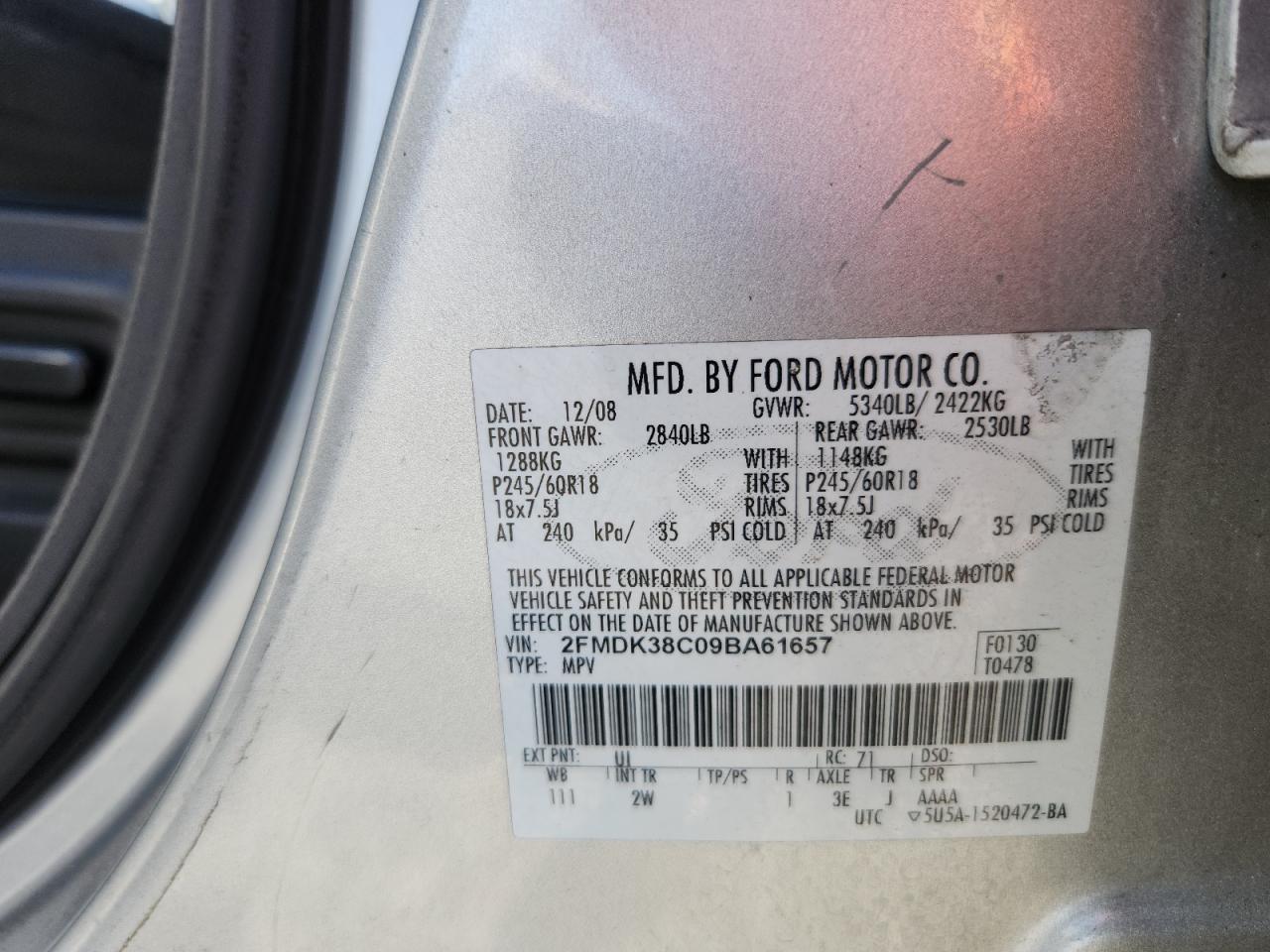 2009 Ford Edge Sel Silver vin: 2FMDK38C09BA61657