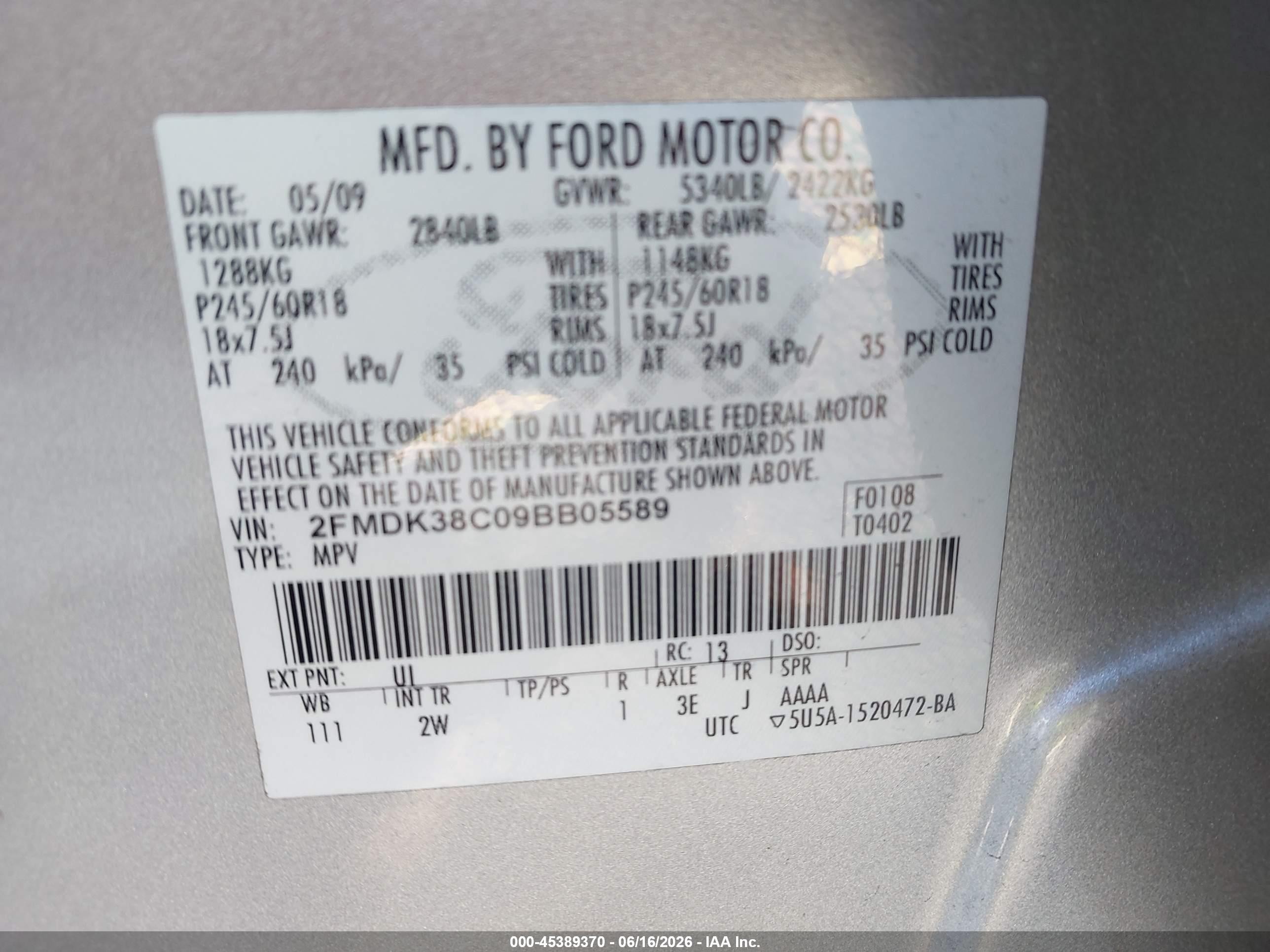 2009 Ford Edge Sel Silver vin: 2FMDK38C09BB05589