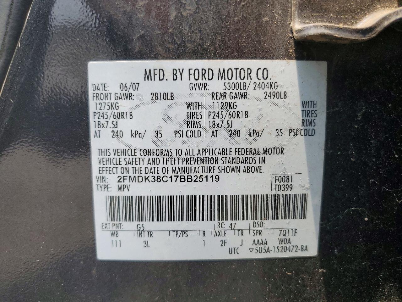 2007 Ford Edge Sel Charcoal vin: 2FMDK38C17BB25119