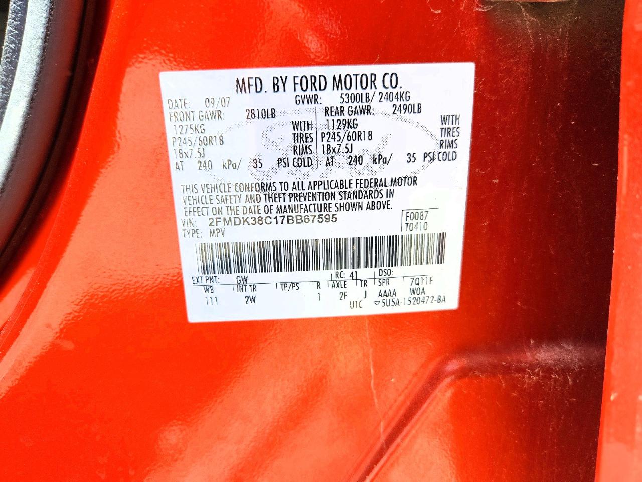 2007 Ford Edge Sel Orange vin: 2FMDK38C17BB67595