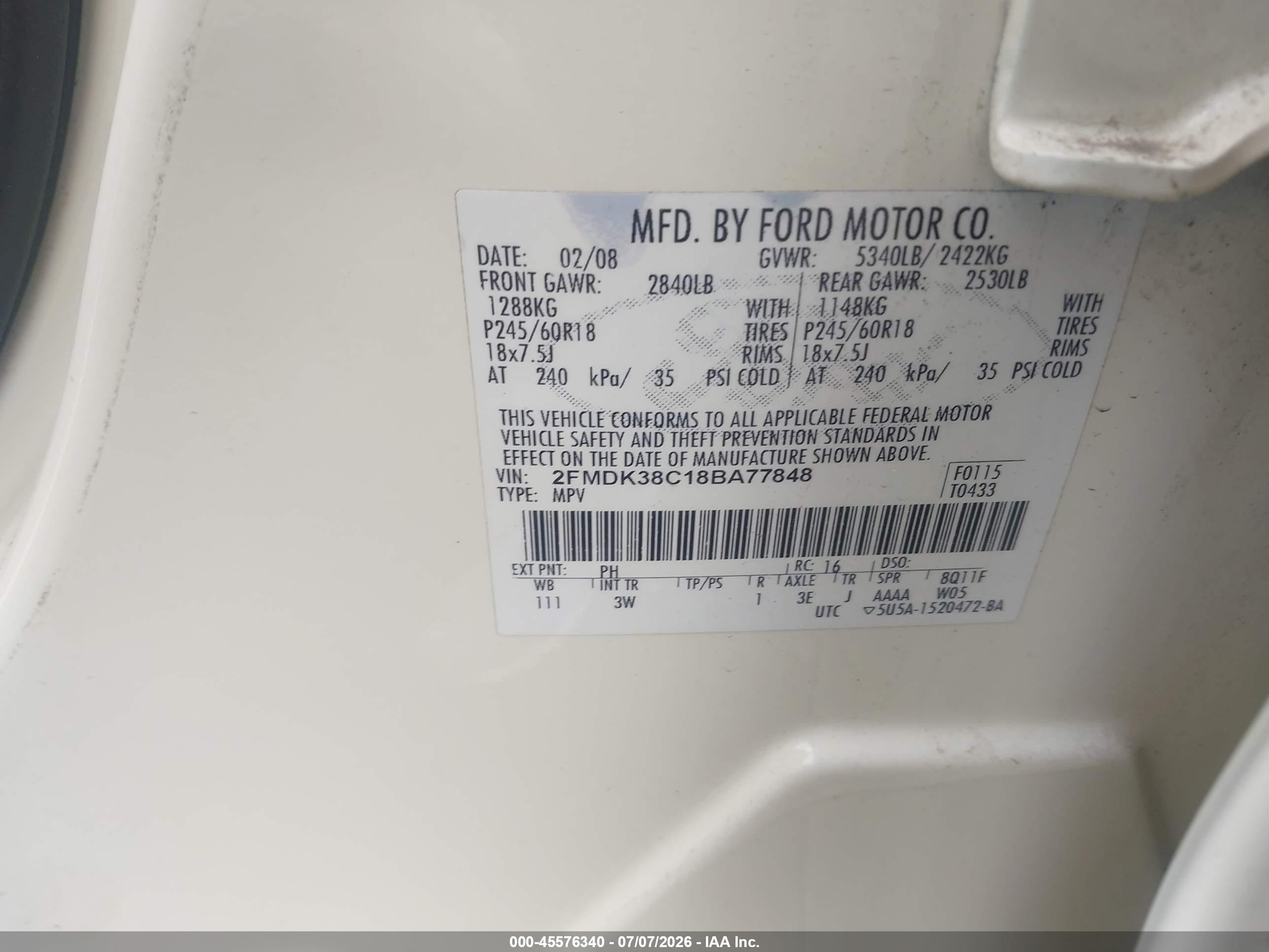 2008 Ford Edge Sel Cream vin: 2FMDK38C18BA77848