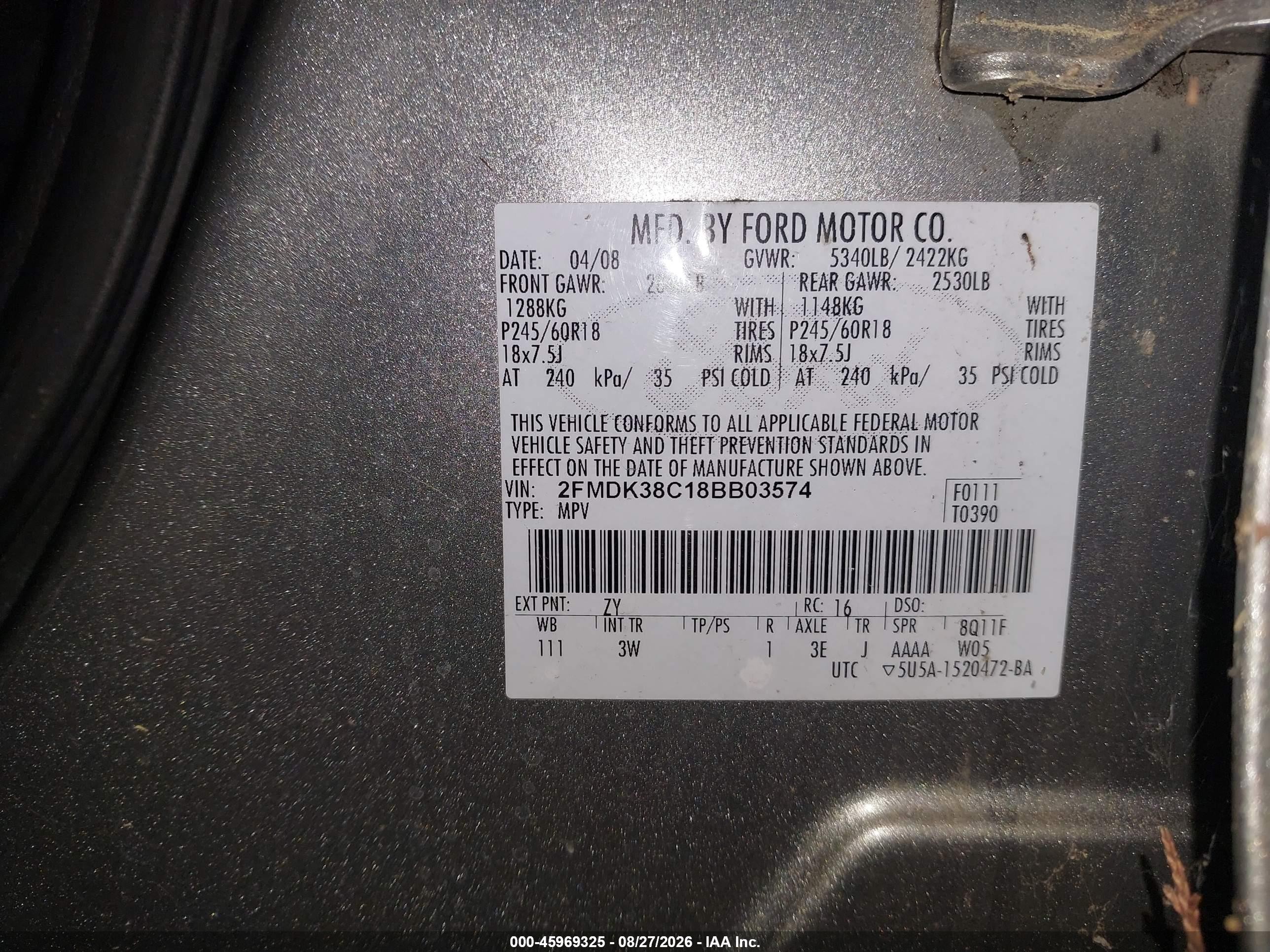 2008 Ford Edge Sel Серебряный vin: 2FMDK38C18BB03574