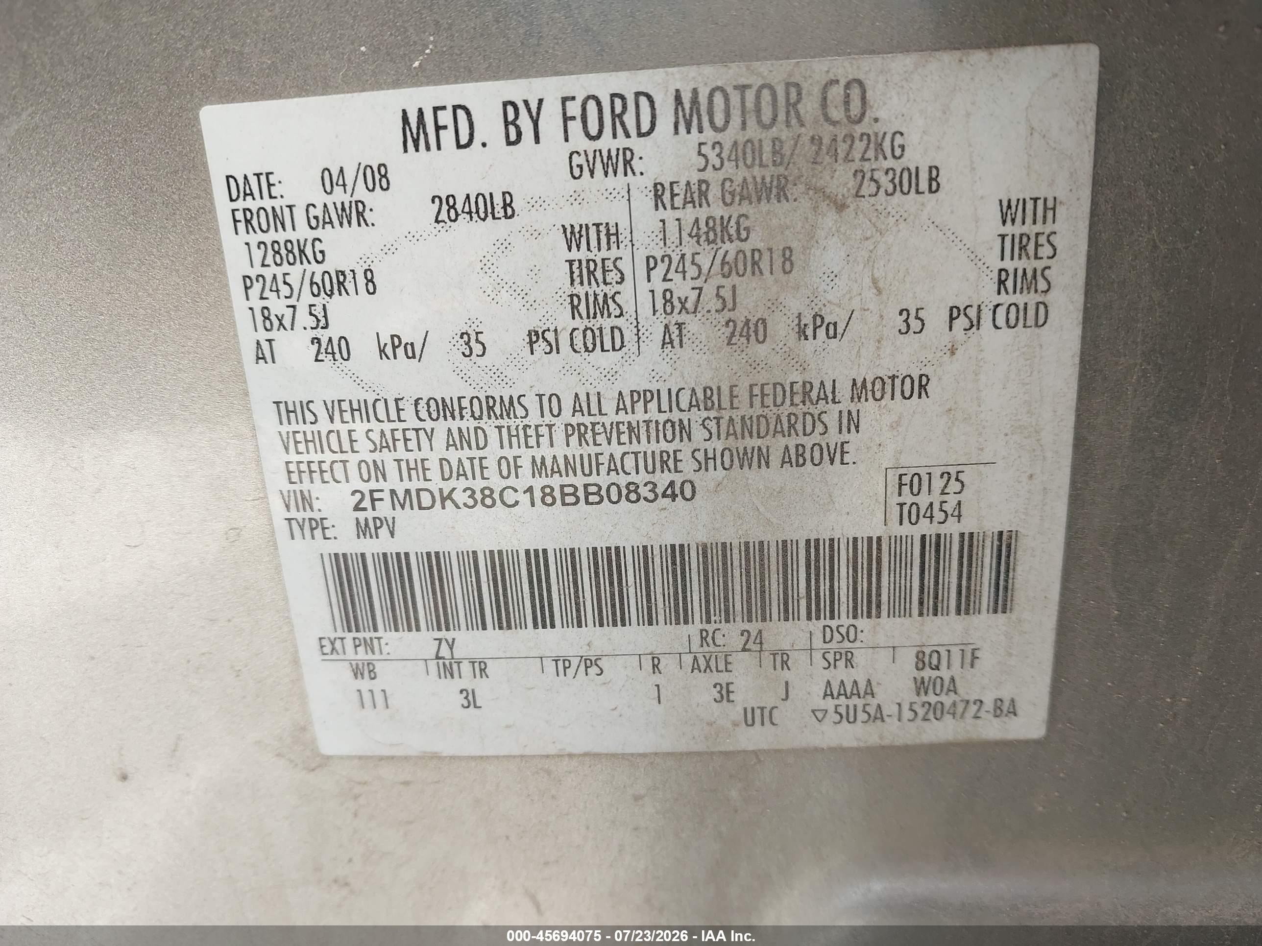 2008 Ford Edge Sel Gray vin: 2FMDK38C18BB08340