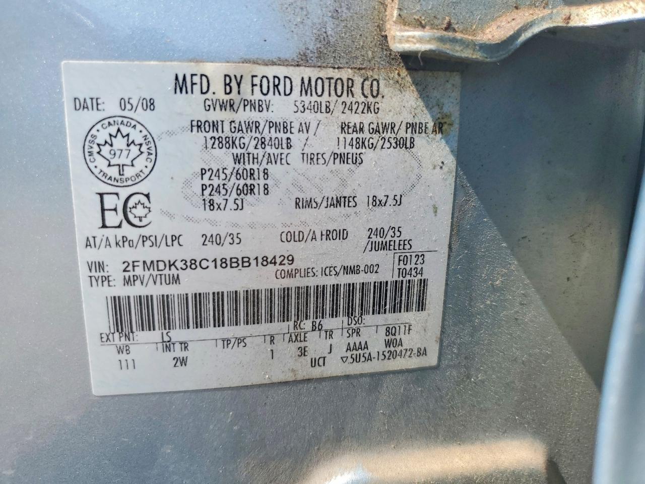 2008 Ford Edge Sel Blue vin: 2FMDK38C18BB18429