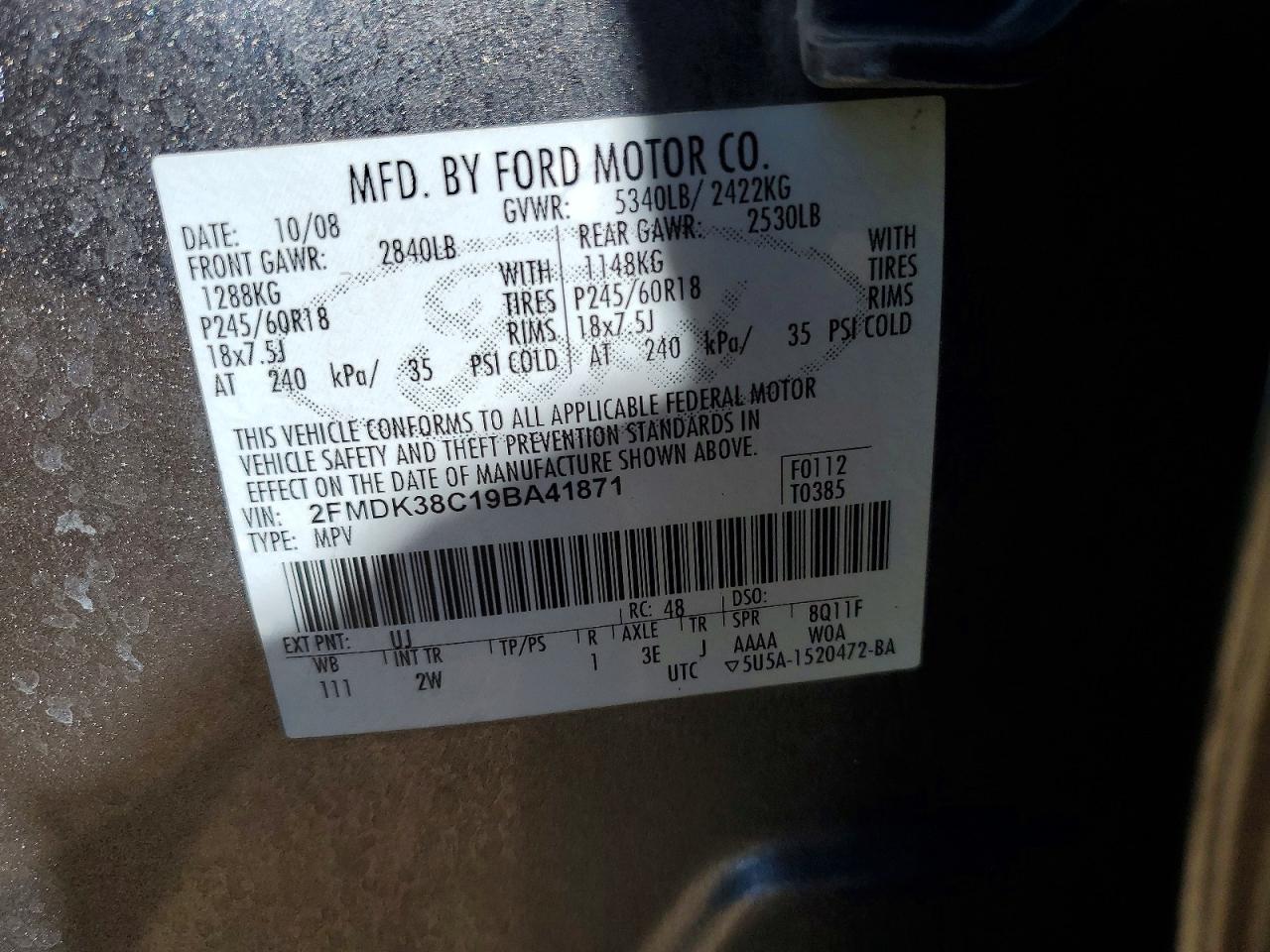 2009 Ford Edge Sel Gray vin: 2FMDK38C19BA41871