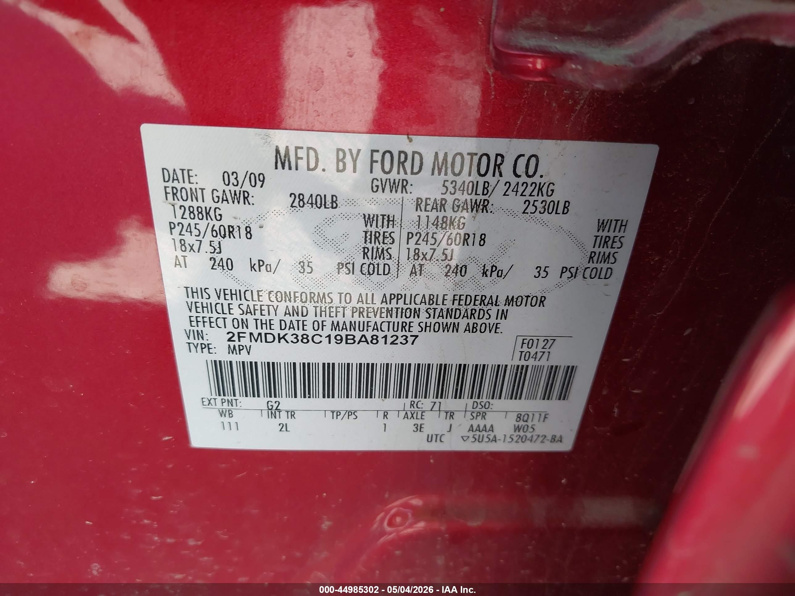 2009 Ford Edge Sel Red vin: 2FMDK38C19BA81237