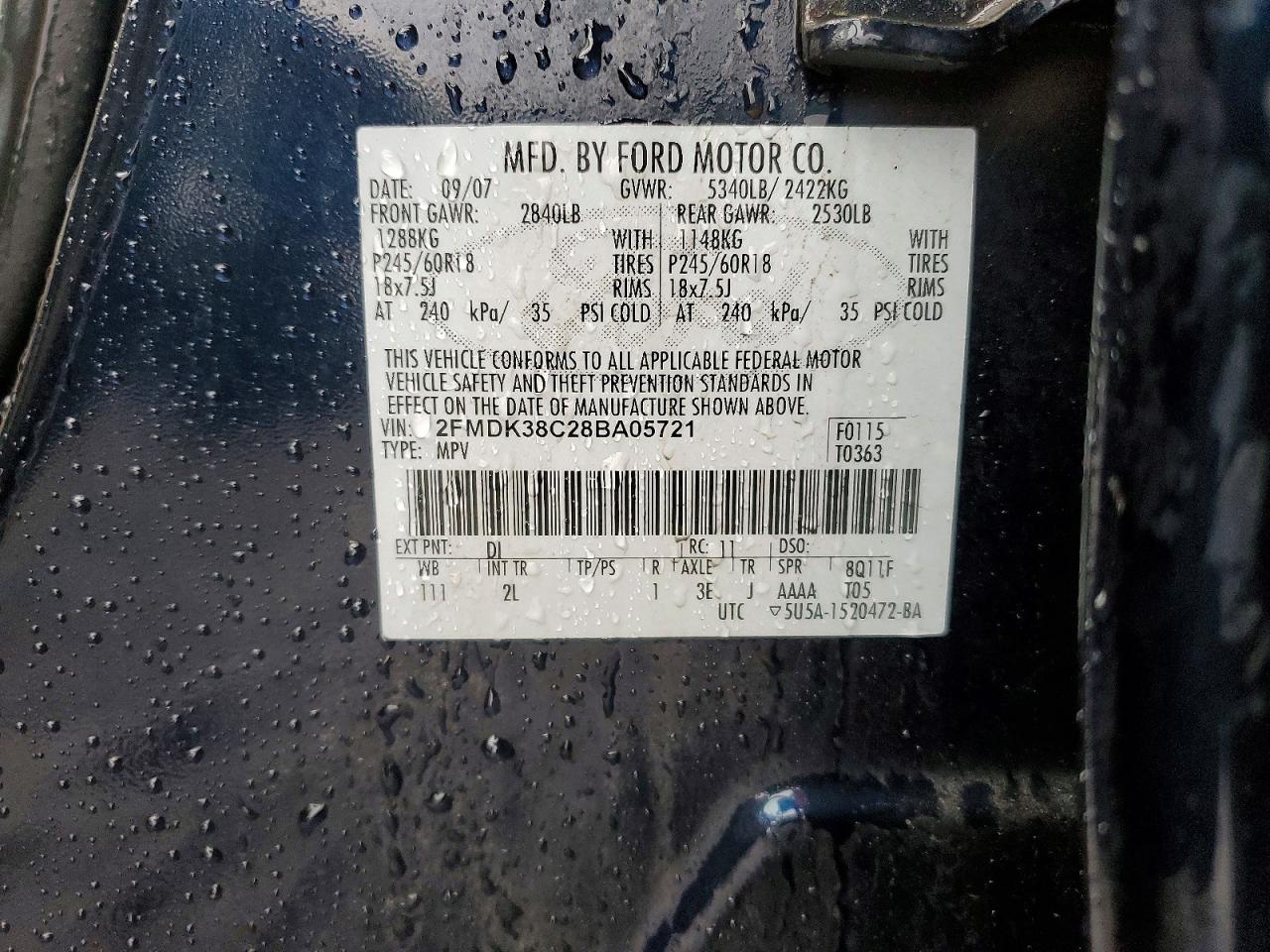 2008 Ford Edge Sel Blue vin: 2FMDK38C28BA05721