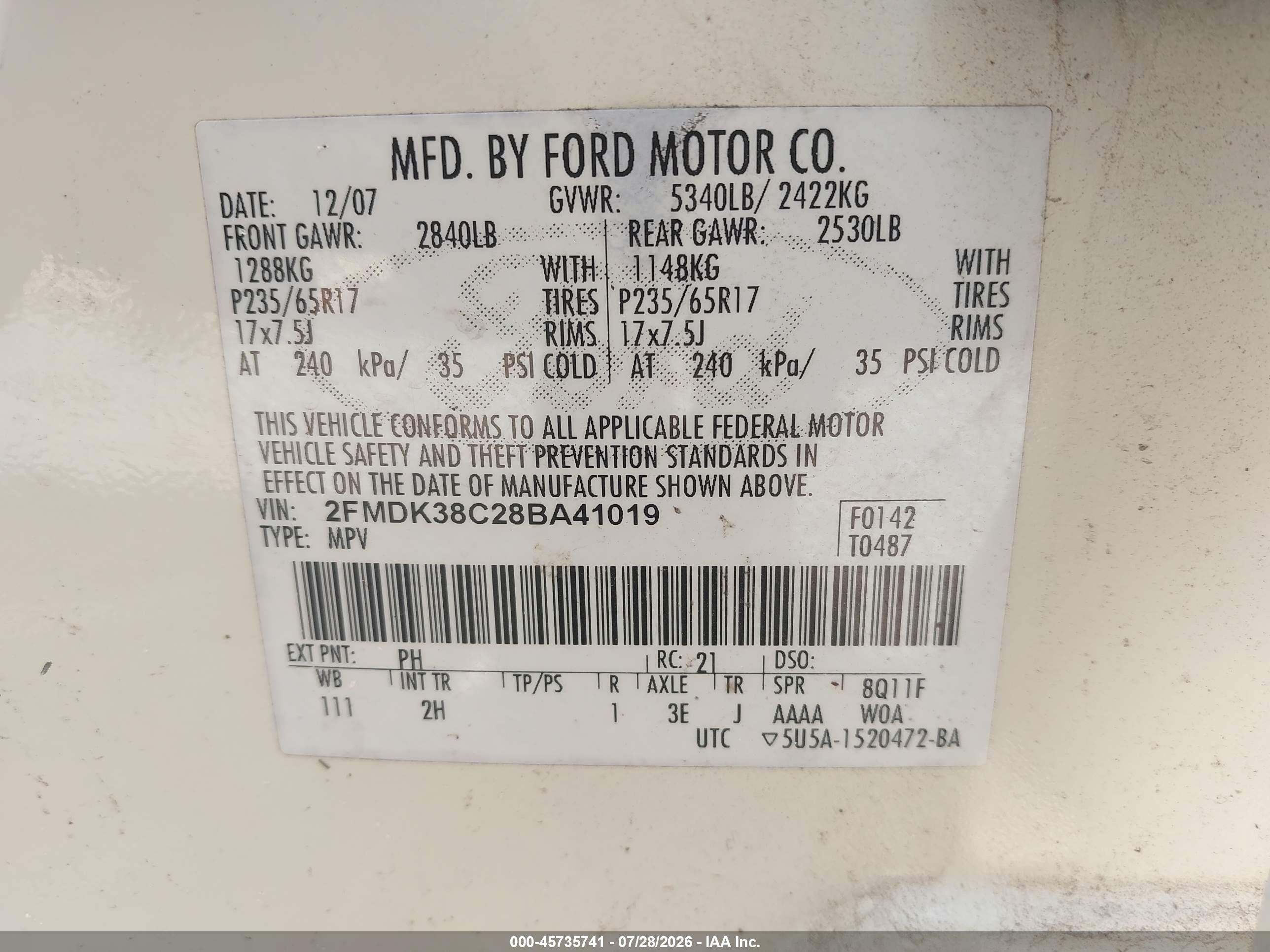 2008 Ford Edge Sel Cream vin: 2FMDK38C28BA41019