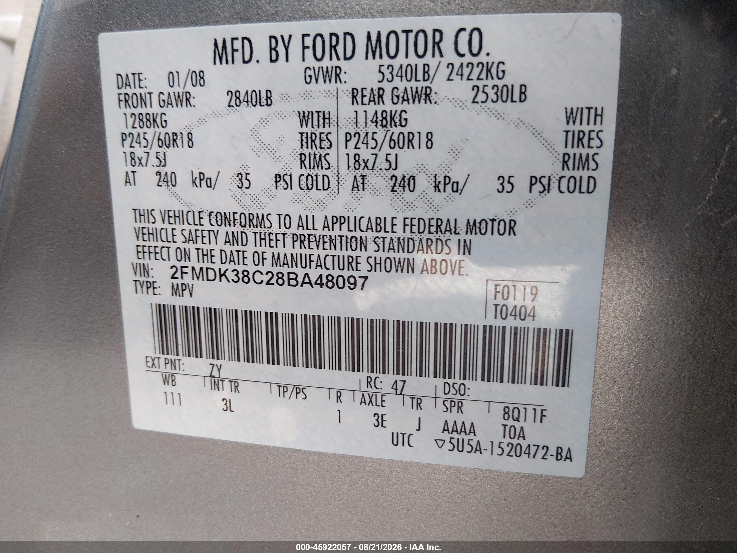 2008 Ford Edge Sel Champagne vin: 2FMDK38C28BA48097