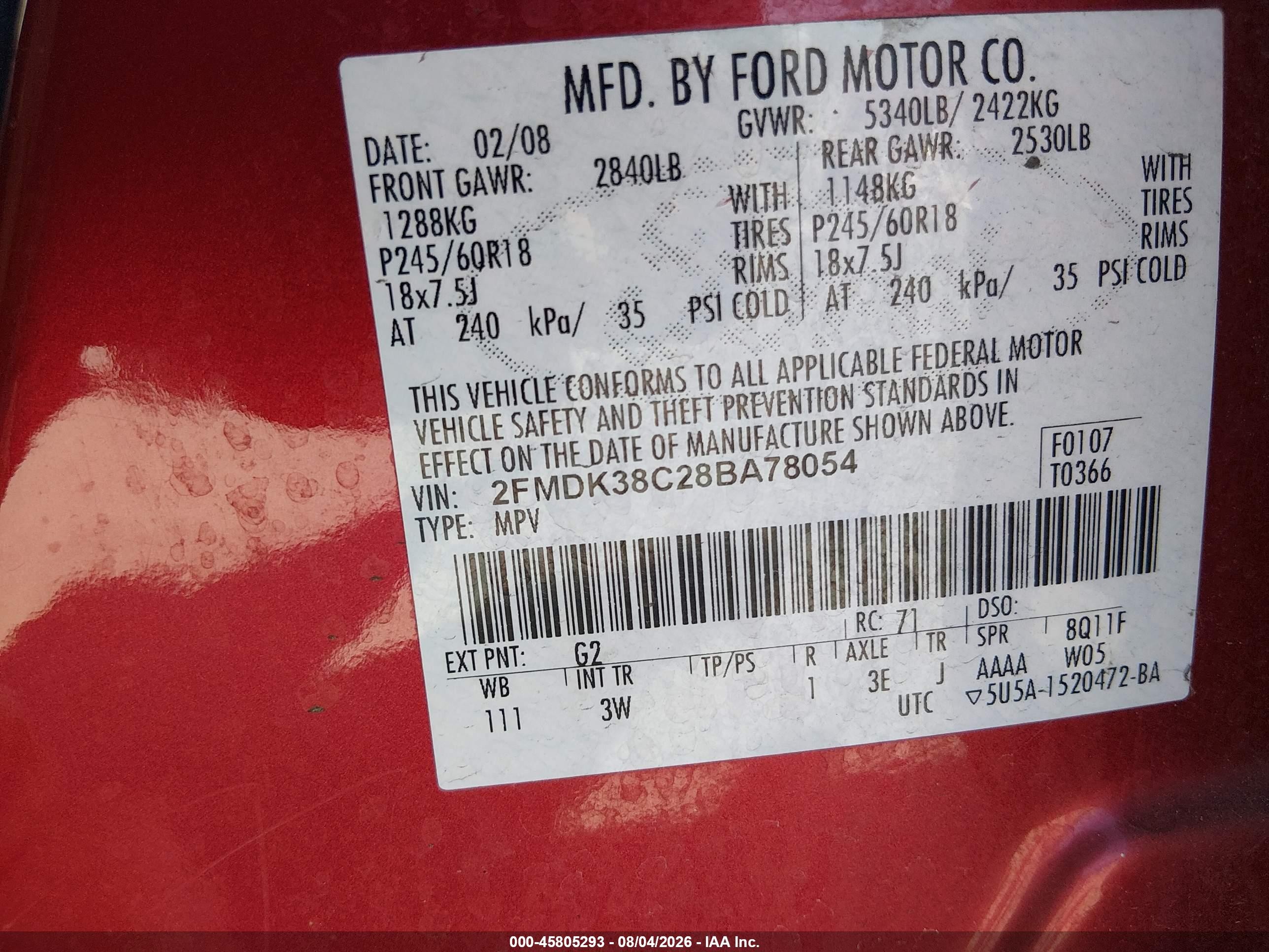 2008 Ford Edge Sel Red vin: 2FMDK38C28BA78054