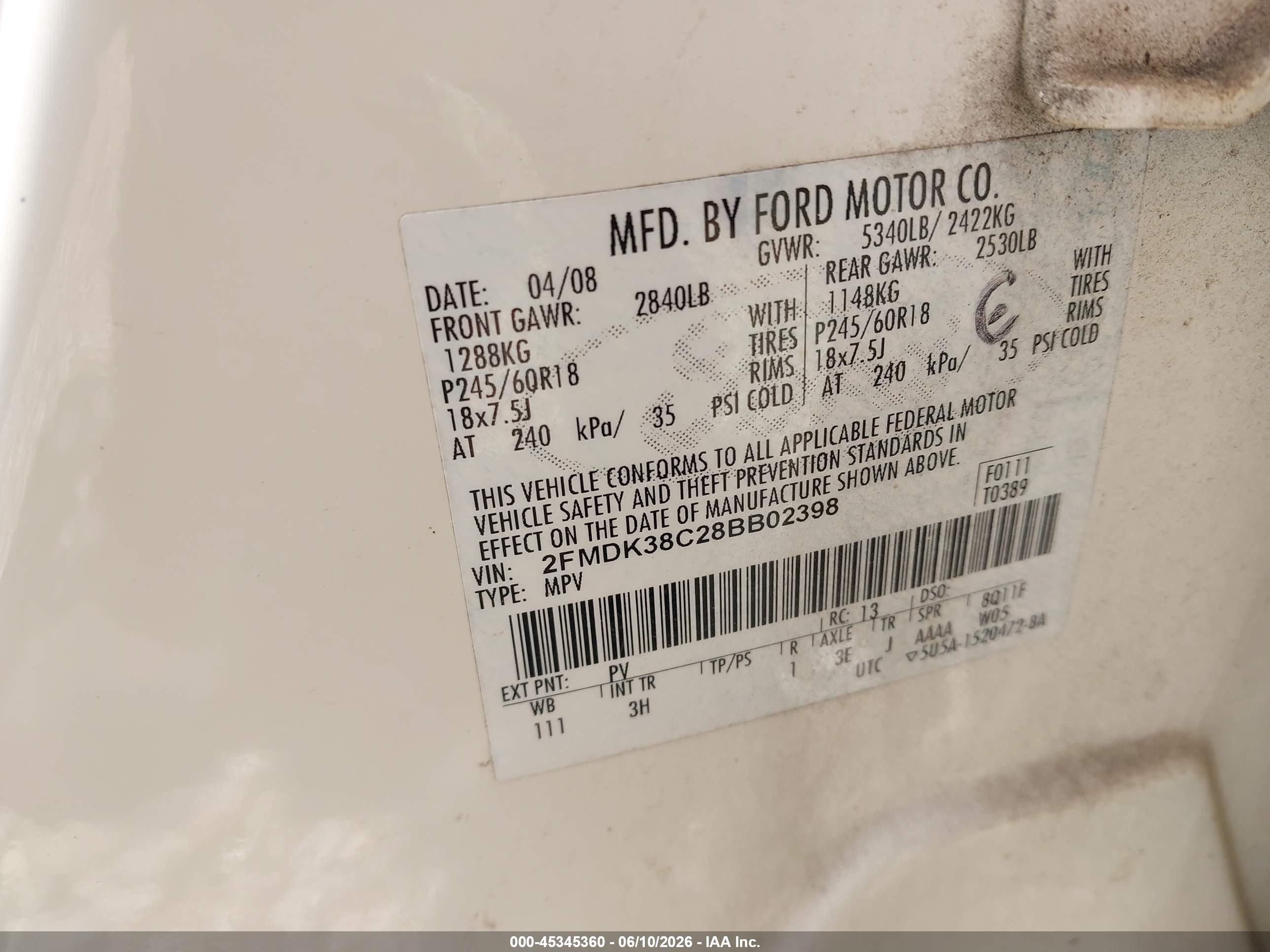 2008 Ford Edge Sel Cream vin: 2FMDK38C28BB02398