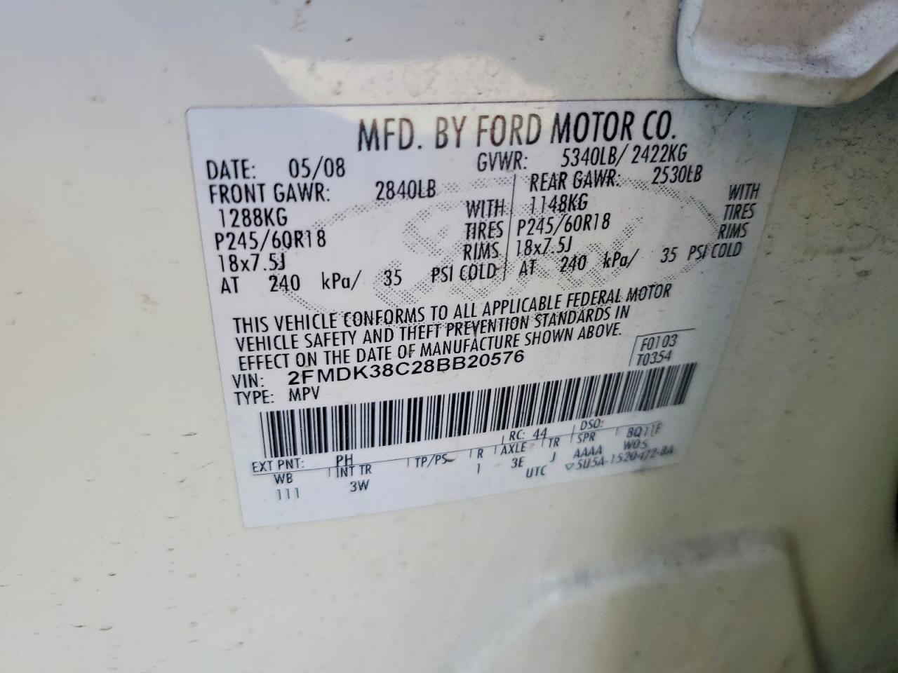 2008 Ford Edge Sel White vin: 2FMDK38C28BB20576