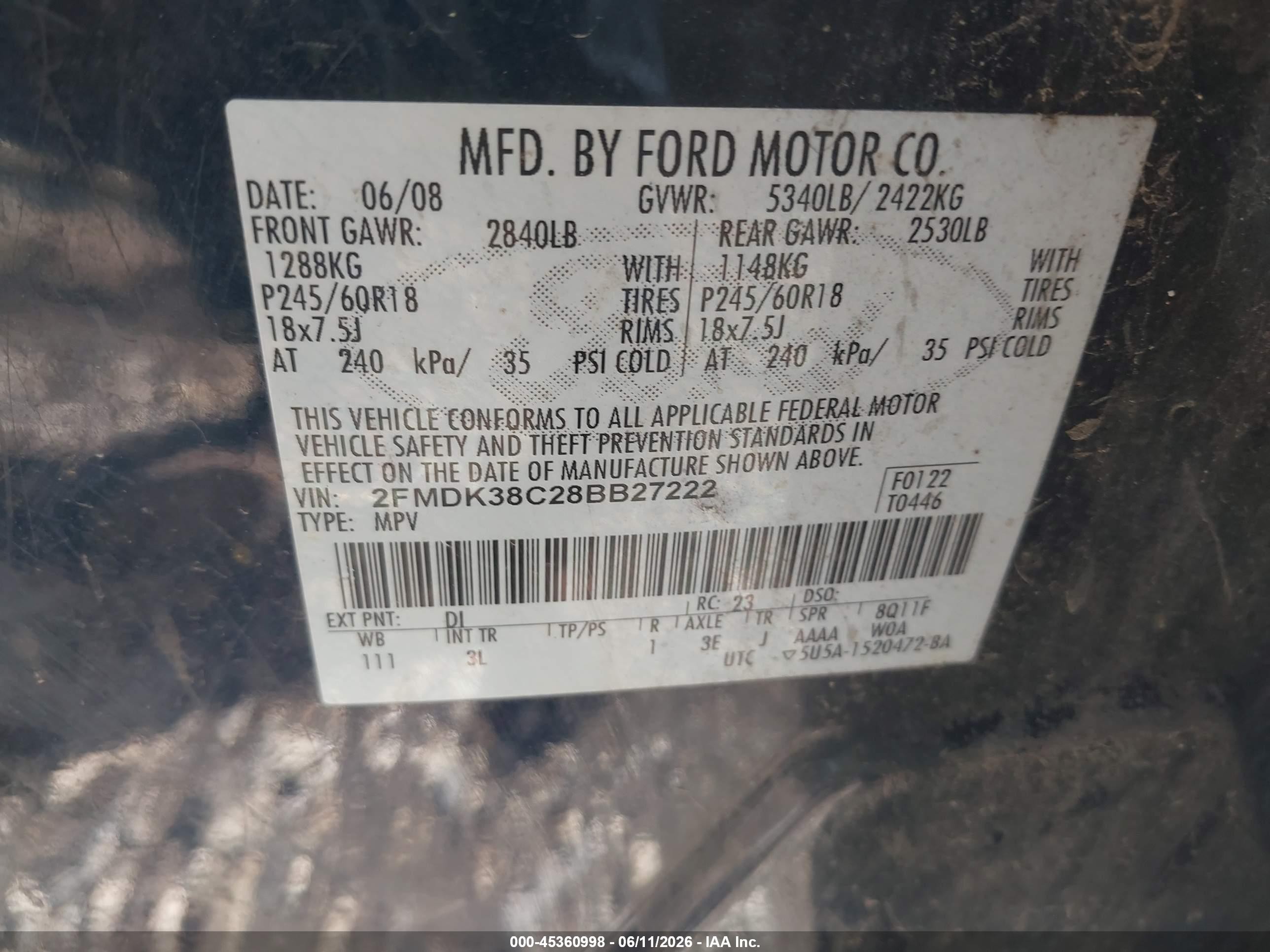 2008 Ford Edge Sel Blue vin: 2FMDK38C28BB27222