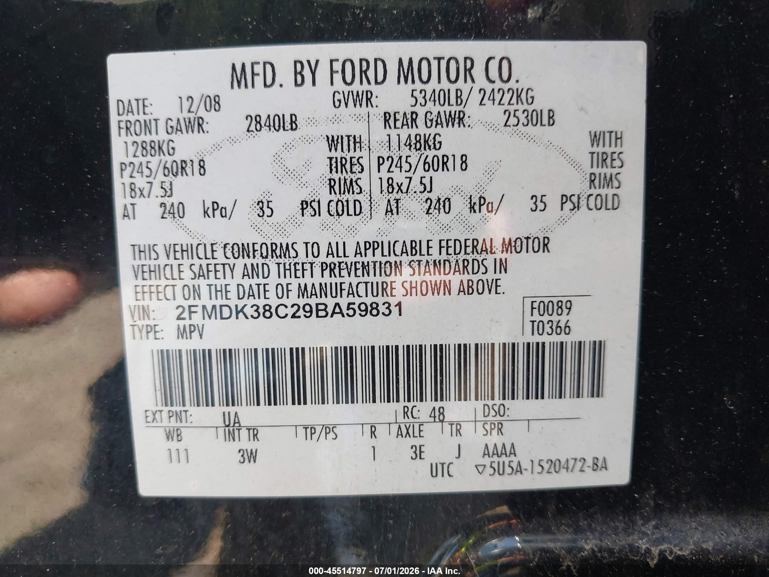 2009 Ford Edge Sel Black vin: 2FMDK38C29BA59831