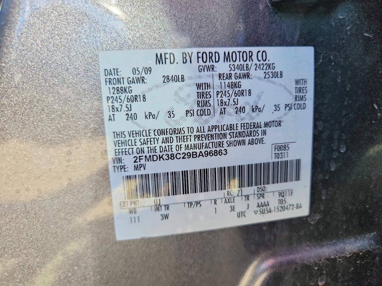 2009 Ford Edge Sel Gray vin: 2FMDK38C29BA96863