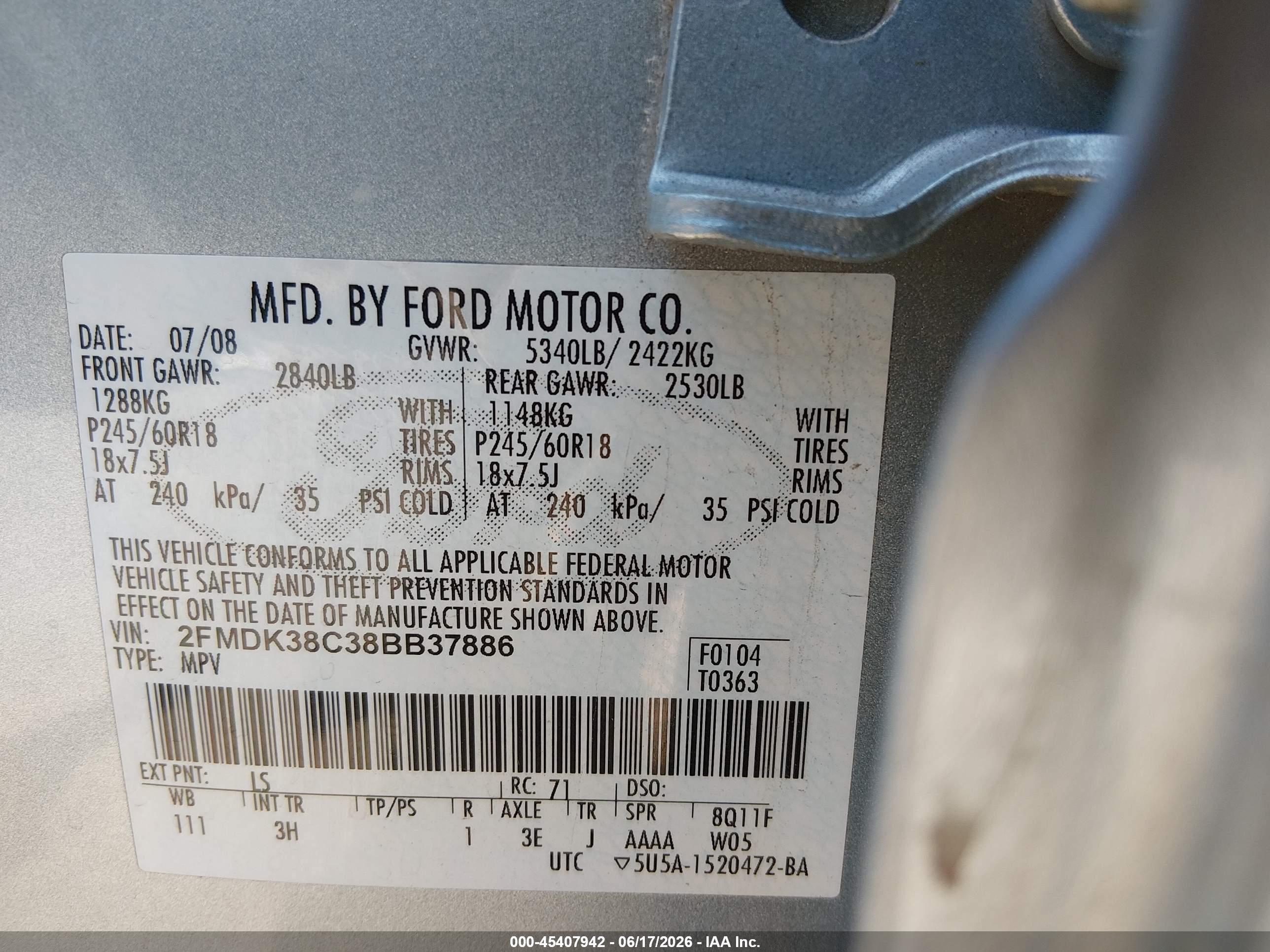 2008 Ford Edge Sel Light Blue vin: 2FMDK38C38BB37886