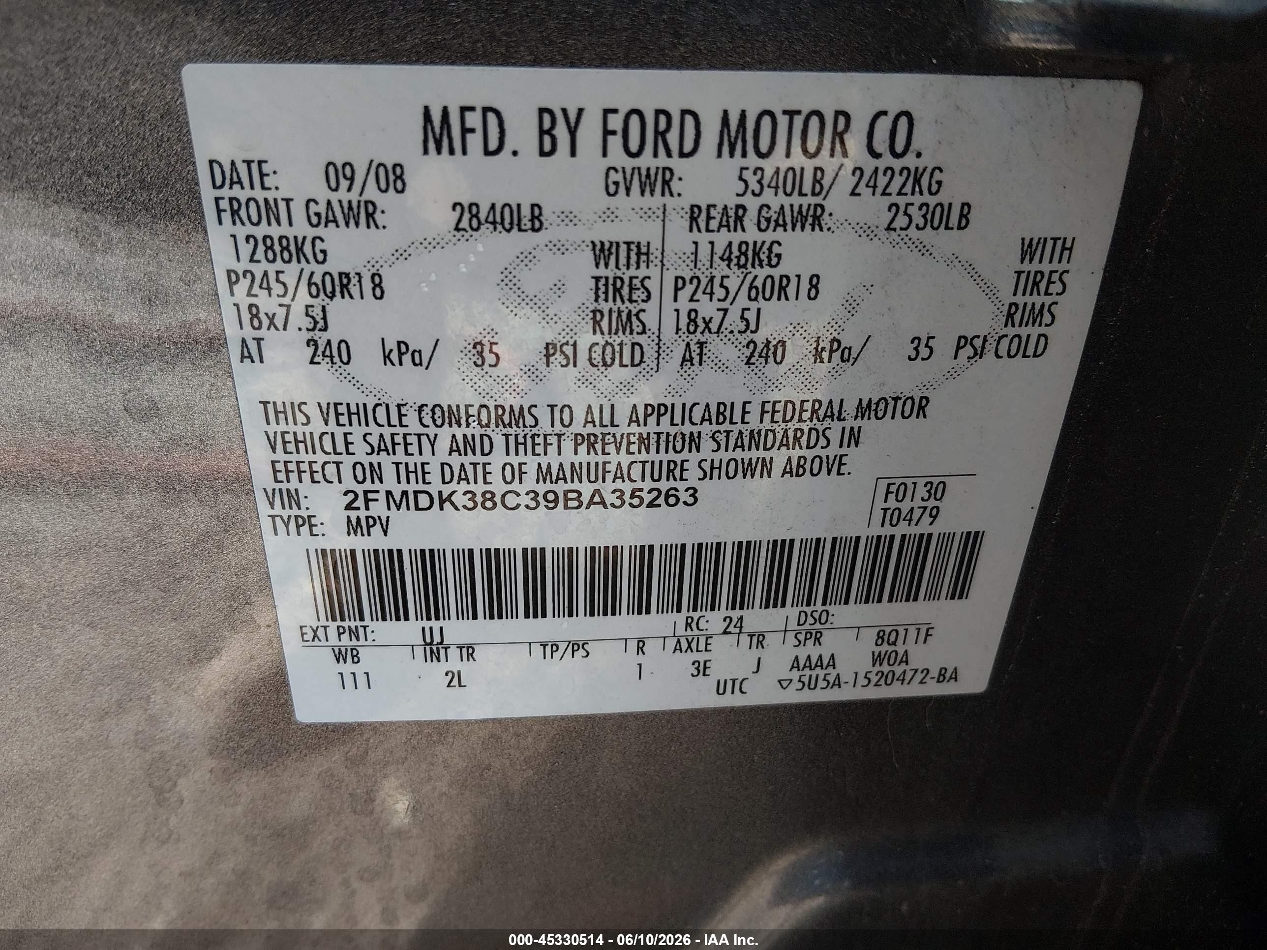 2009 Ford Edge Sel Серый vin: 2FMDK38C39BA35263