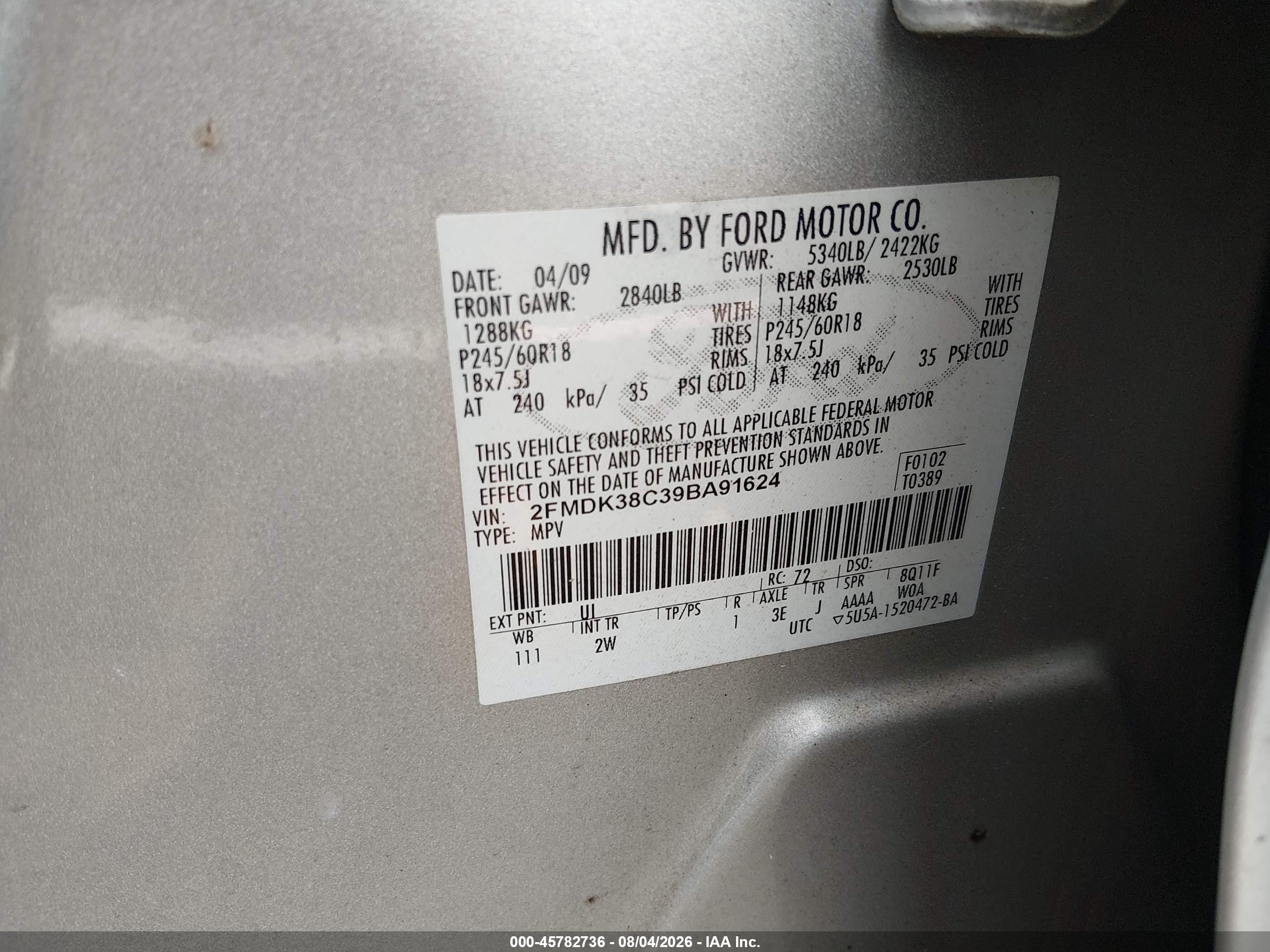 2009 Ford Edge Sel Silver vin: 2FMDK38C39BA91624
