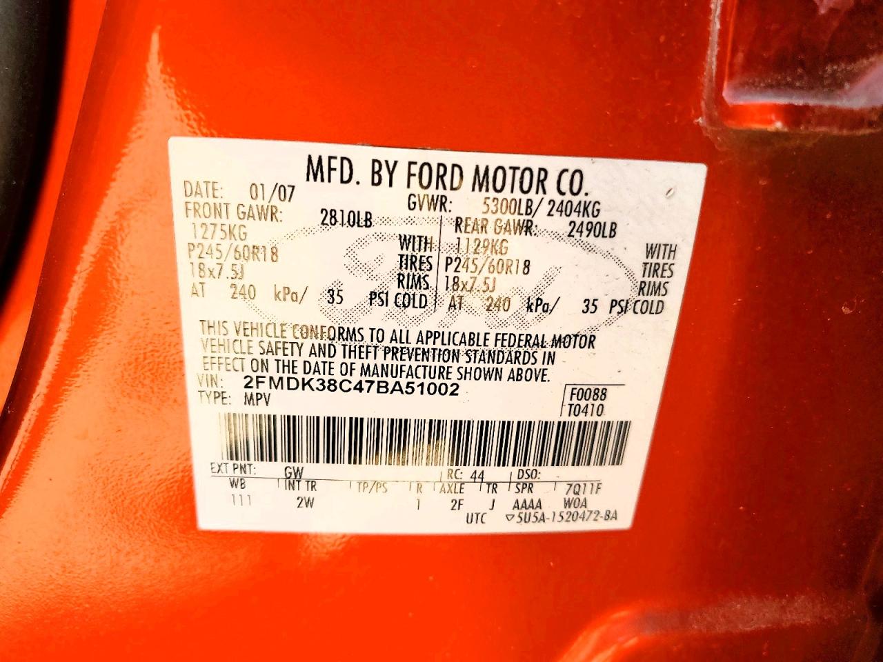 2007 Ford Edge Sel Orange vin: 2FMDK38C47BA51002