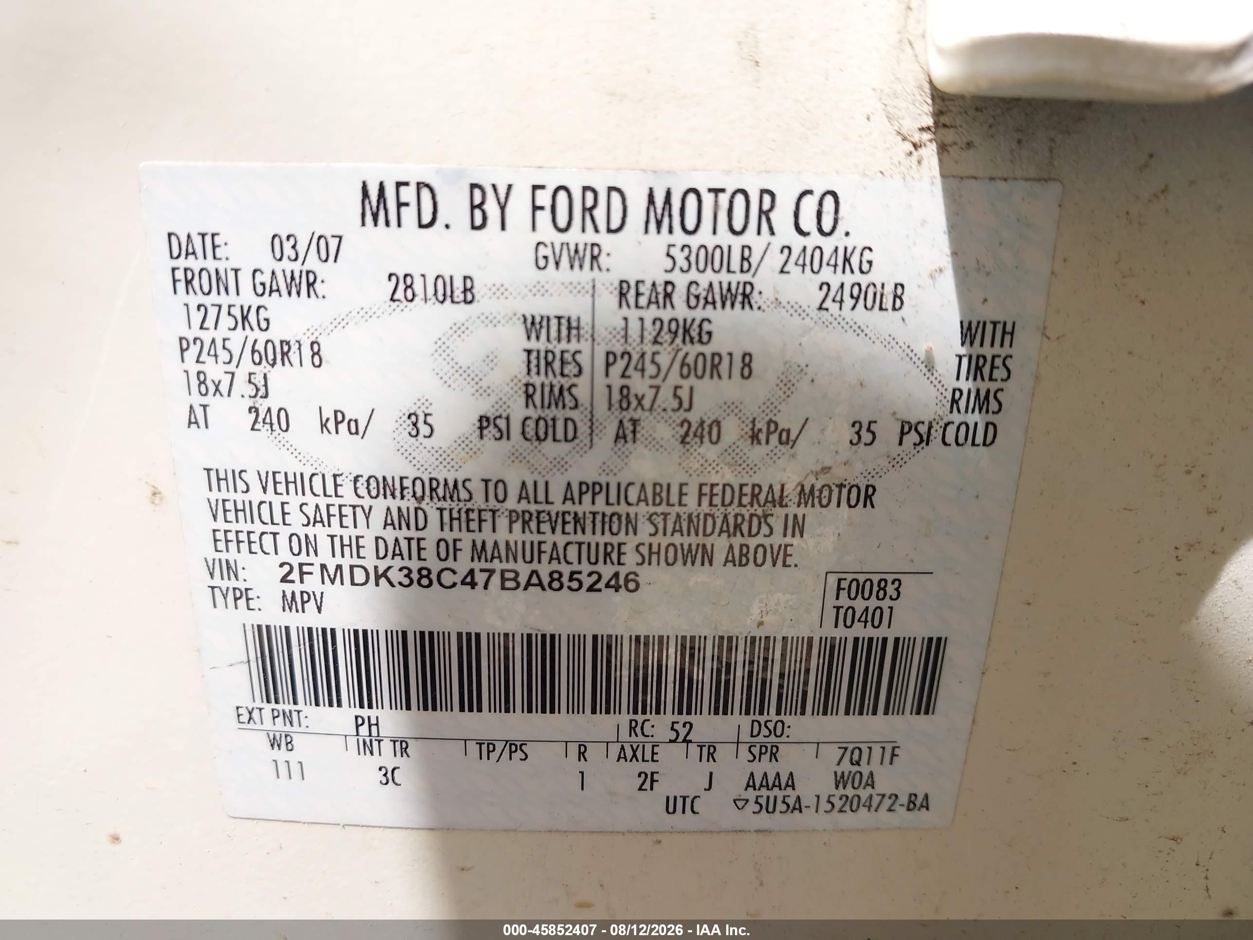2007 Ford Edge Sel Teal vin: 2FMDK38C47BA85246