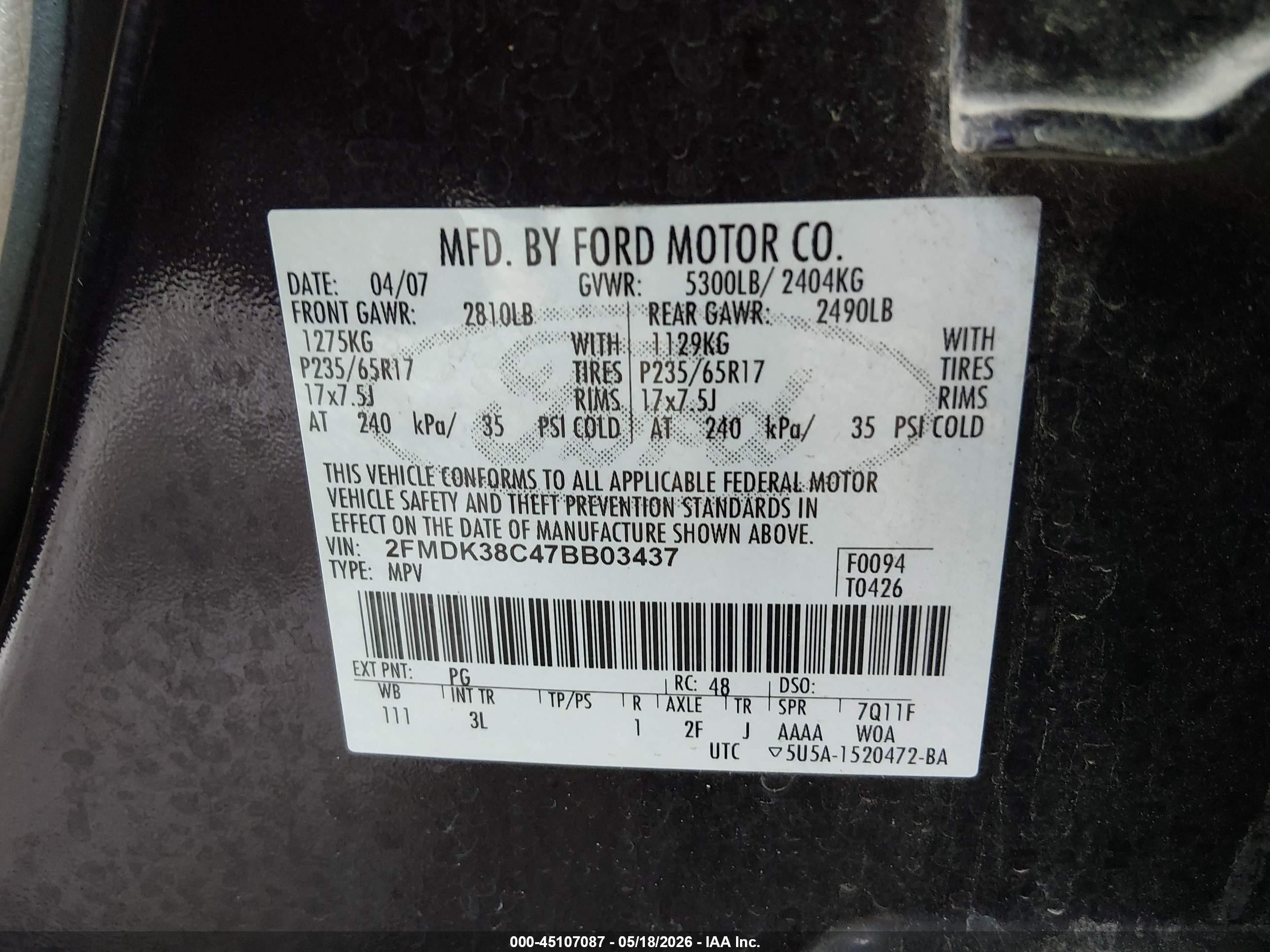 2007 Ford Edge Sel Фиолетовый vin: 2FMDK38C47BB03437
