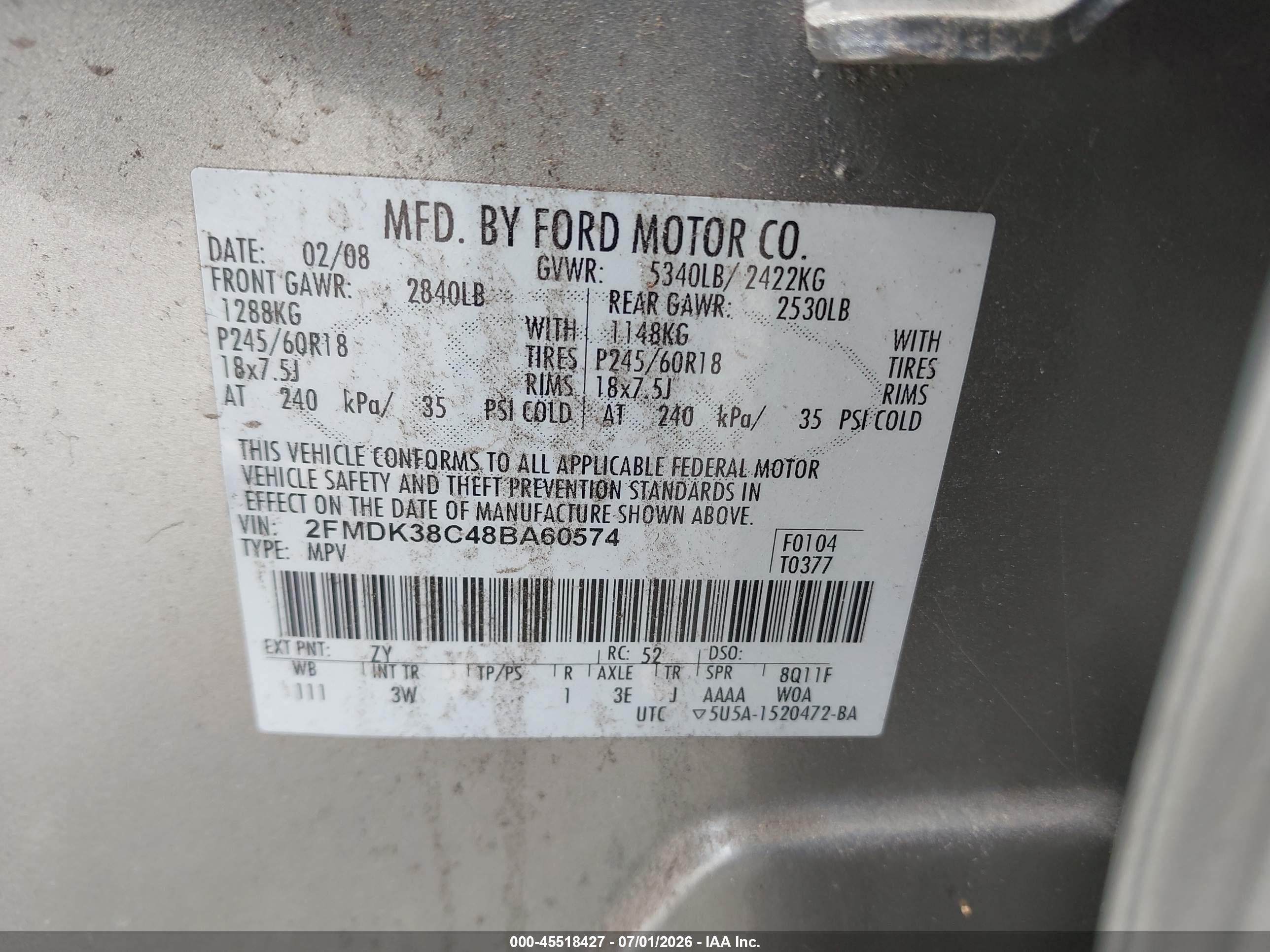 2008 Ford Edge Sel Beige vin: 2FMDK38C48BA60574