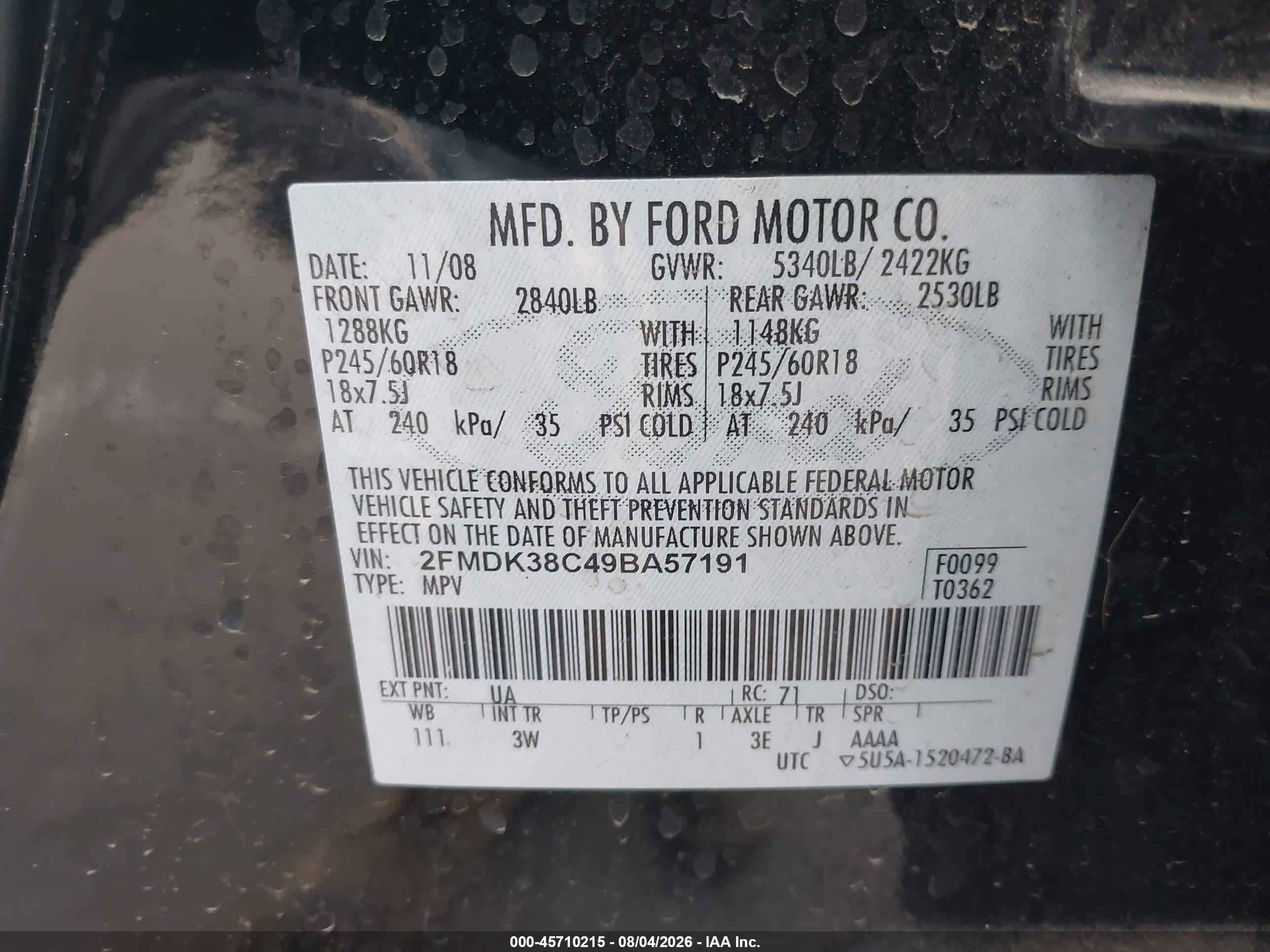 2009 Ford Edge Sel Black vin: 2FMDK38C49BA57191