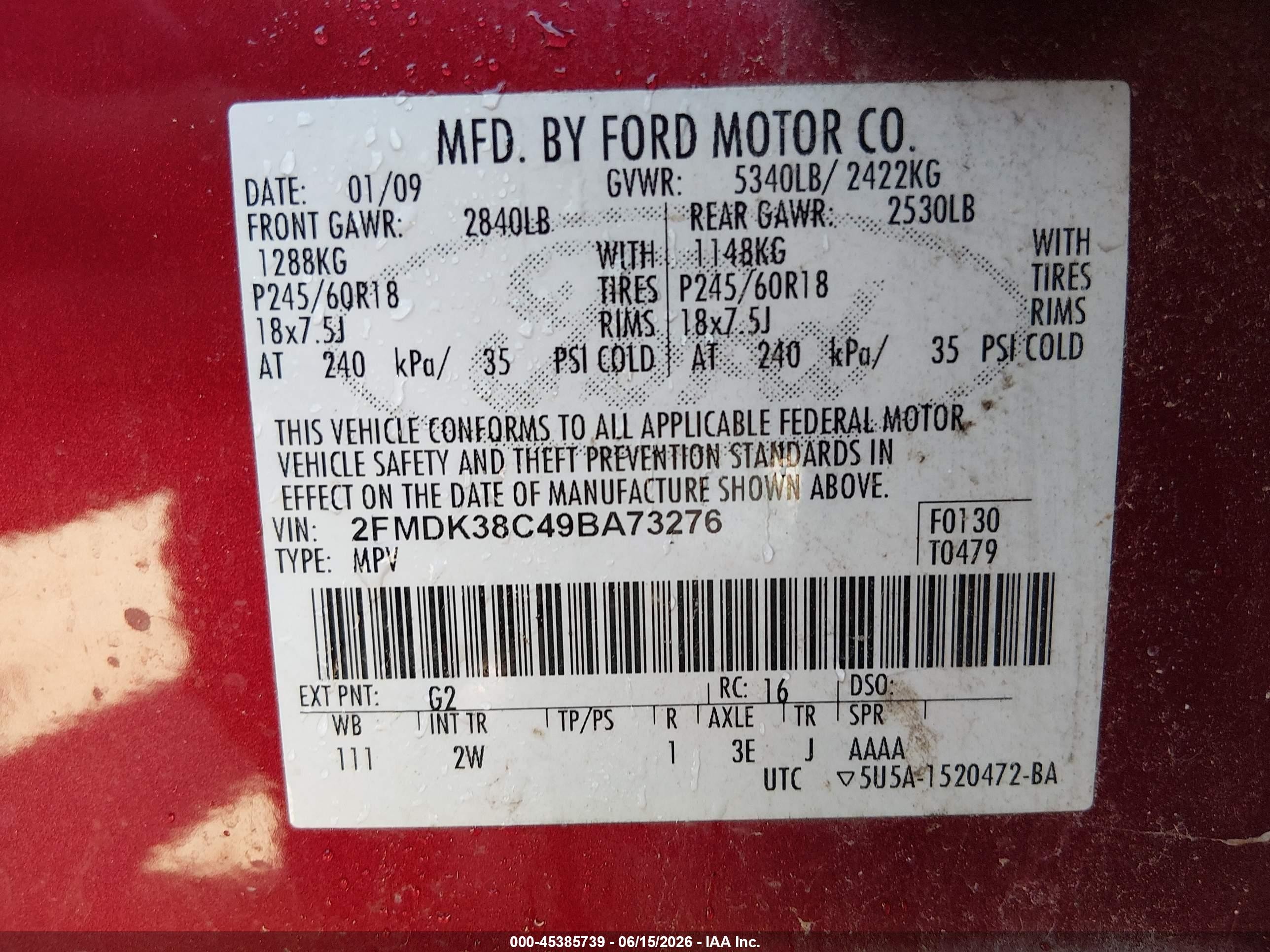 2009 Ford Edge Sel Red vin: 2FMDK38C49BA73276