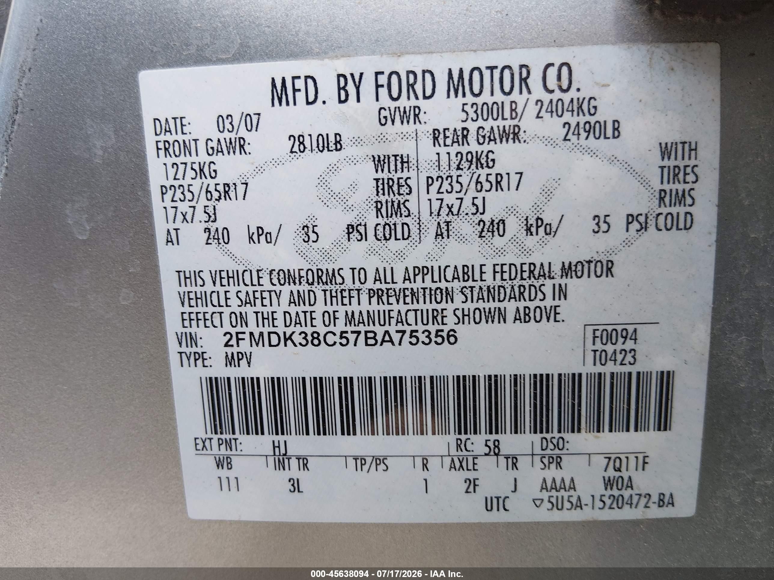 2007 Ford Edge Sel Light Blue vin: 2FMDK38C57BA75356
