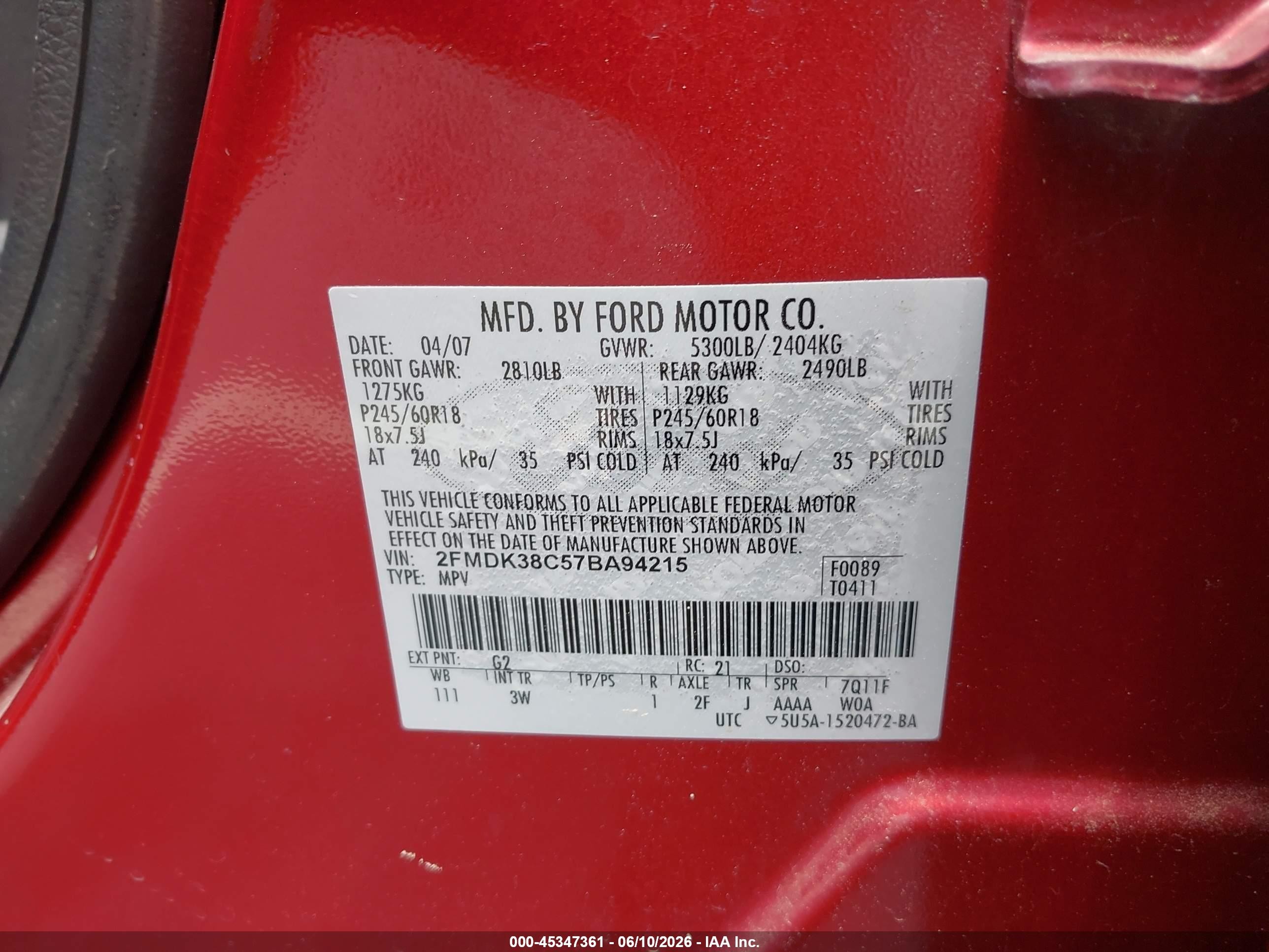 2007 Ford Edge Sel Red vin: 2FMDK38C57BA94215