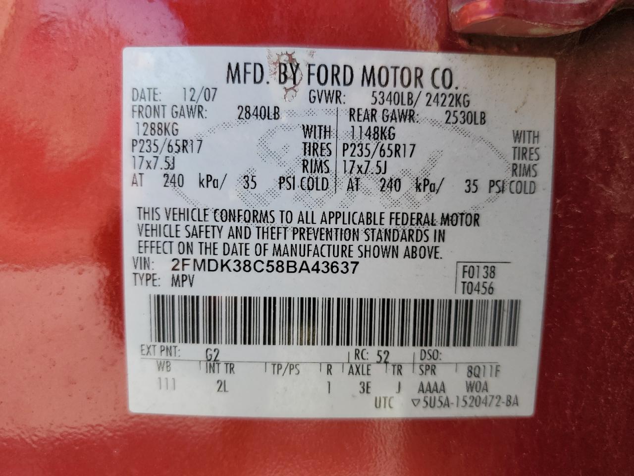 2008 Ford Edge Sel Красный vin: 2FMDK38C58BA43637