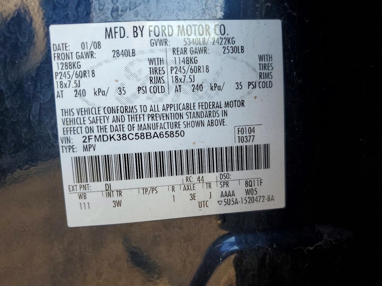 2008 Ford Edge Sel Синий vin: 2FMDK38C58BA65850