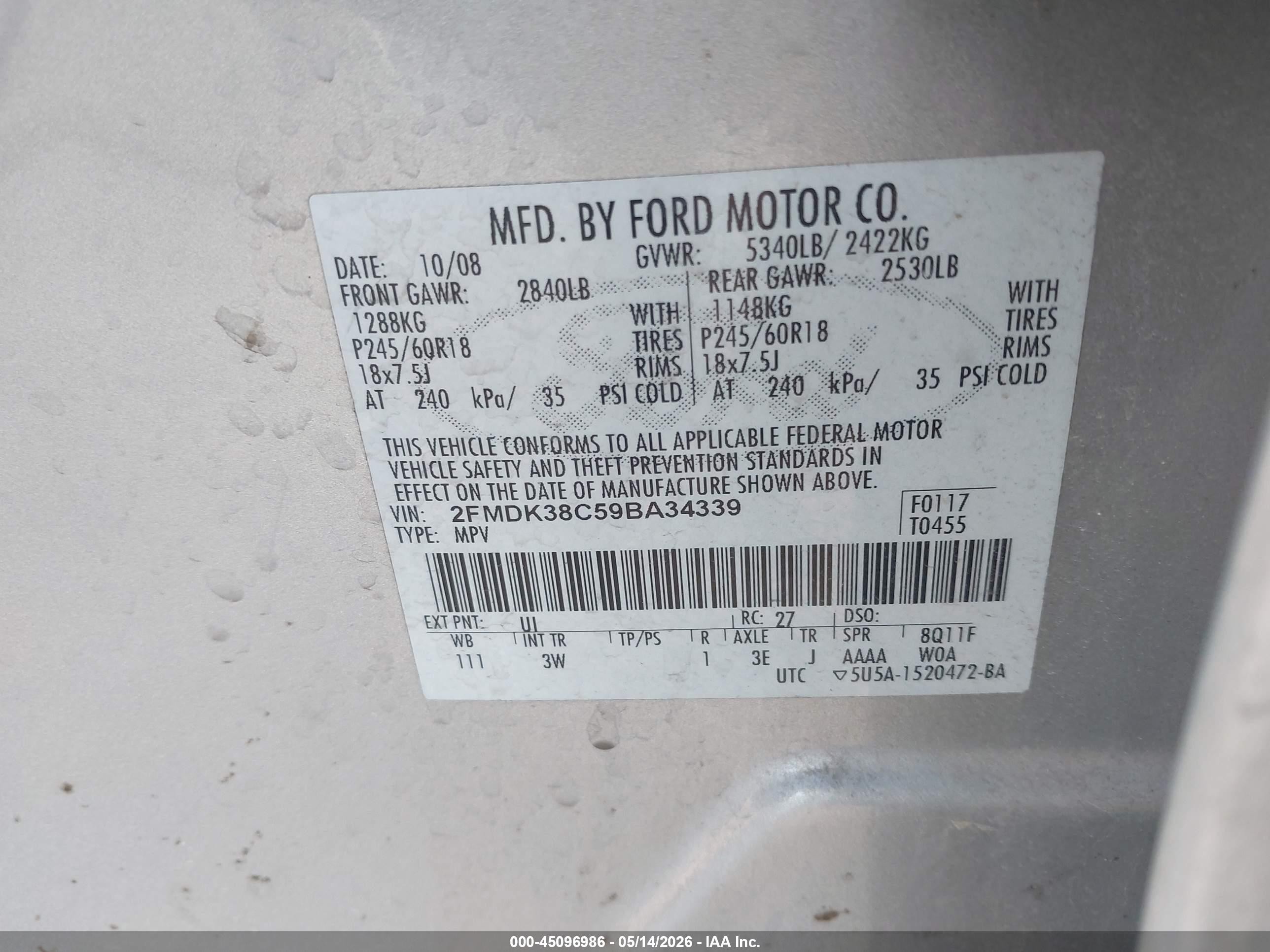 2009 Ford Edge Sel Silver vin: 2FMDK38C59BA34339