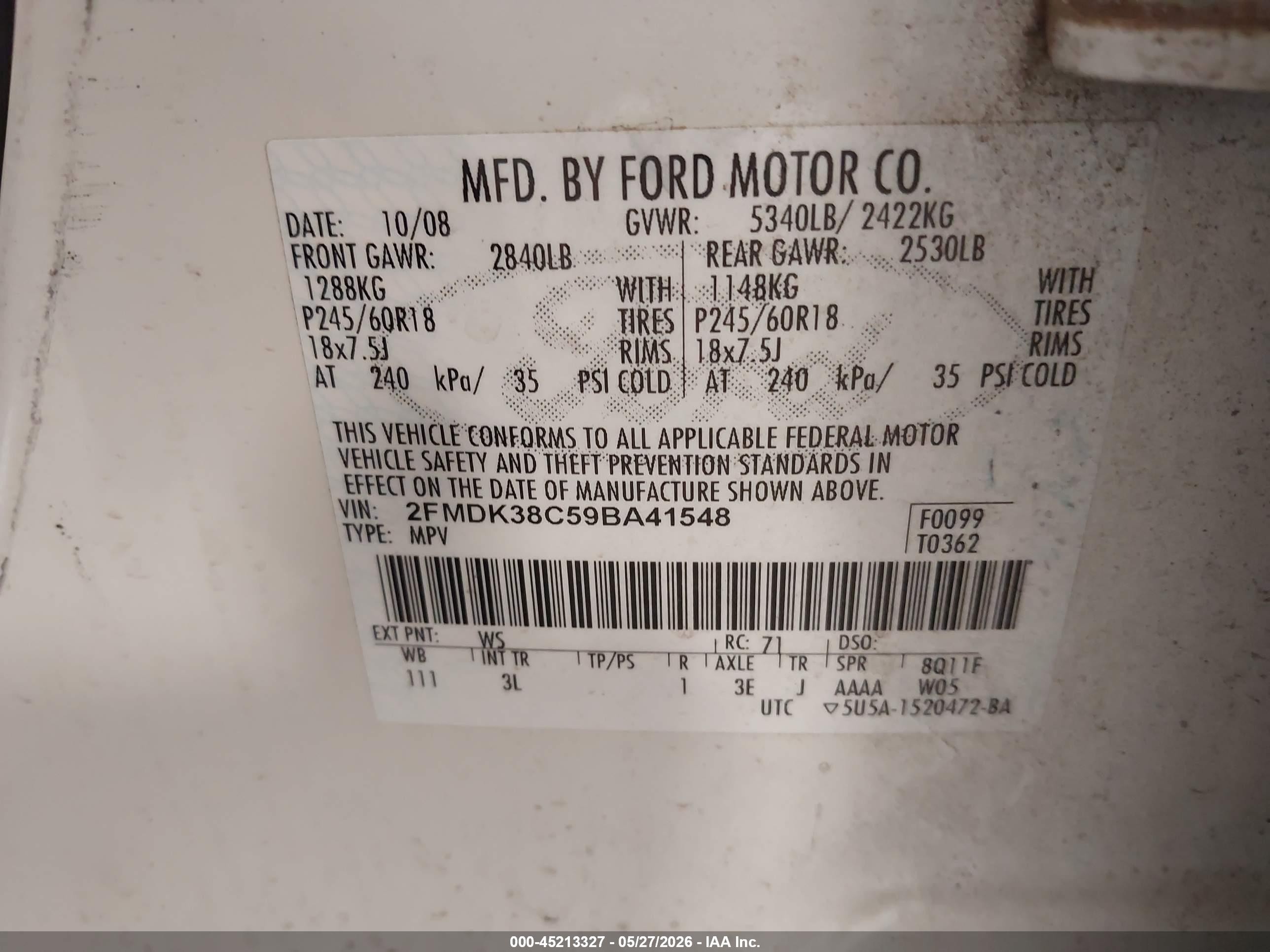 2009 Ford Edge Sel White vin: 2FMDK38C59BA41548