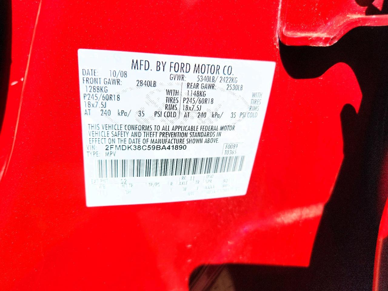 2009 Ford Edge Sel Red vin: 2FMDK38C59BA41890