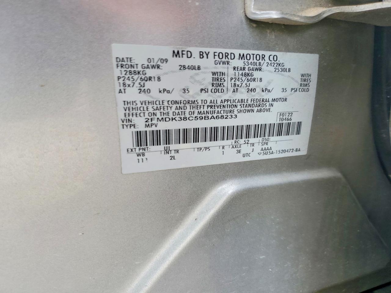 2009 Ford Edge Sel Silver vin: 2FMDK38C59BA68233