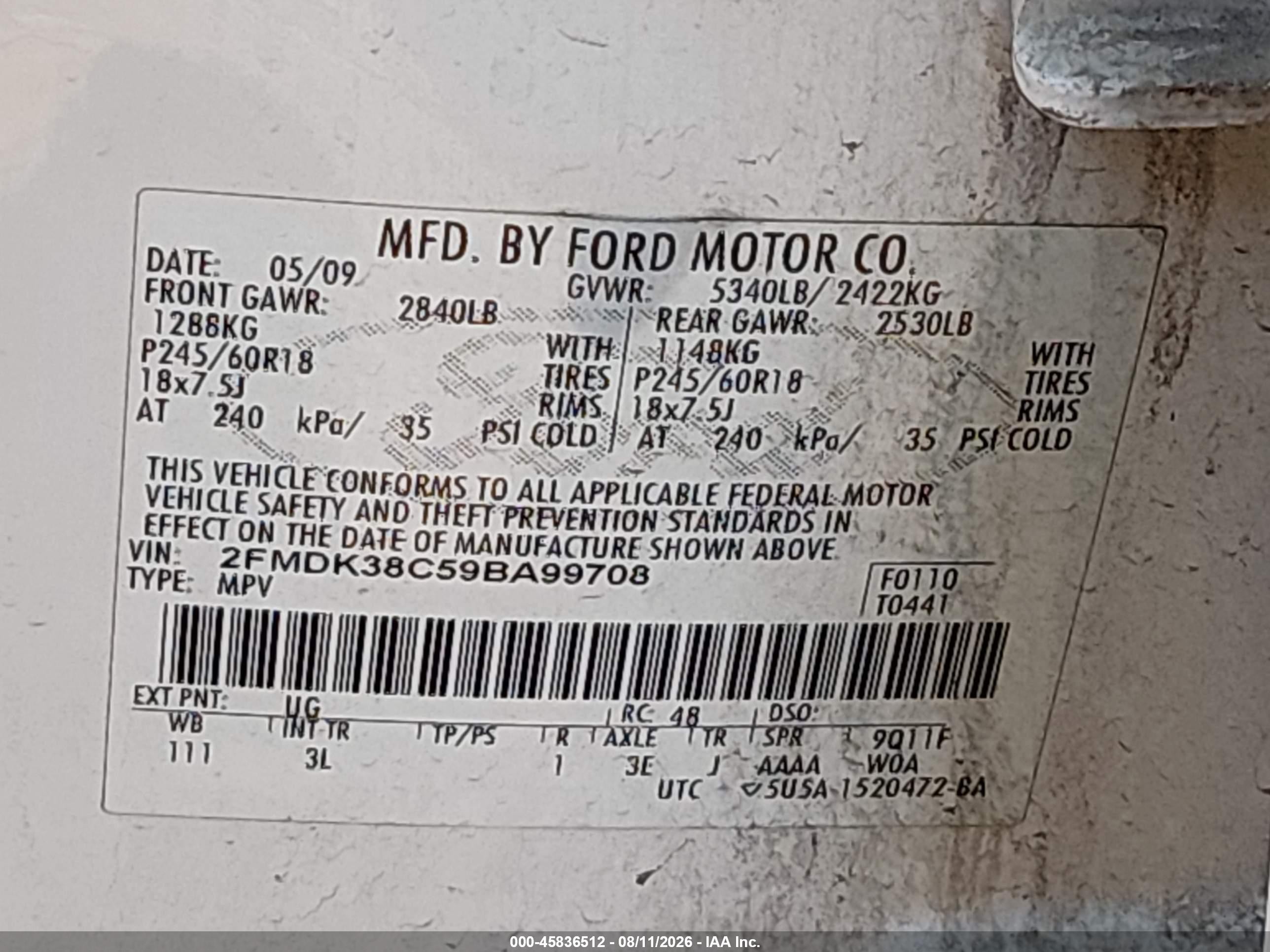 2009 Ford Edge Sel White vin: 2FMDK38C59BA99708