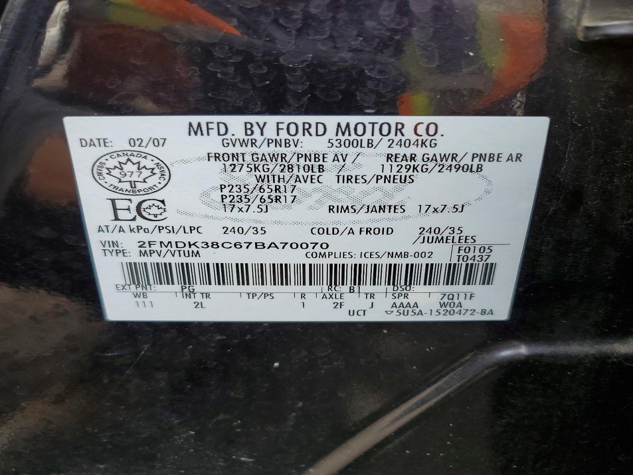 2007 Ford Edge Sel Purple vin: 2FMDK38C67BA70070