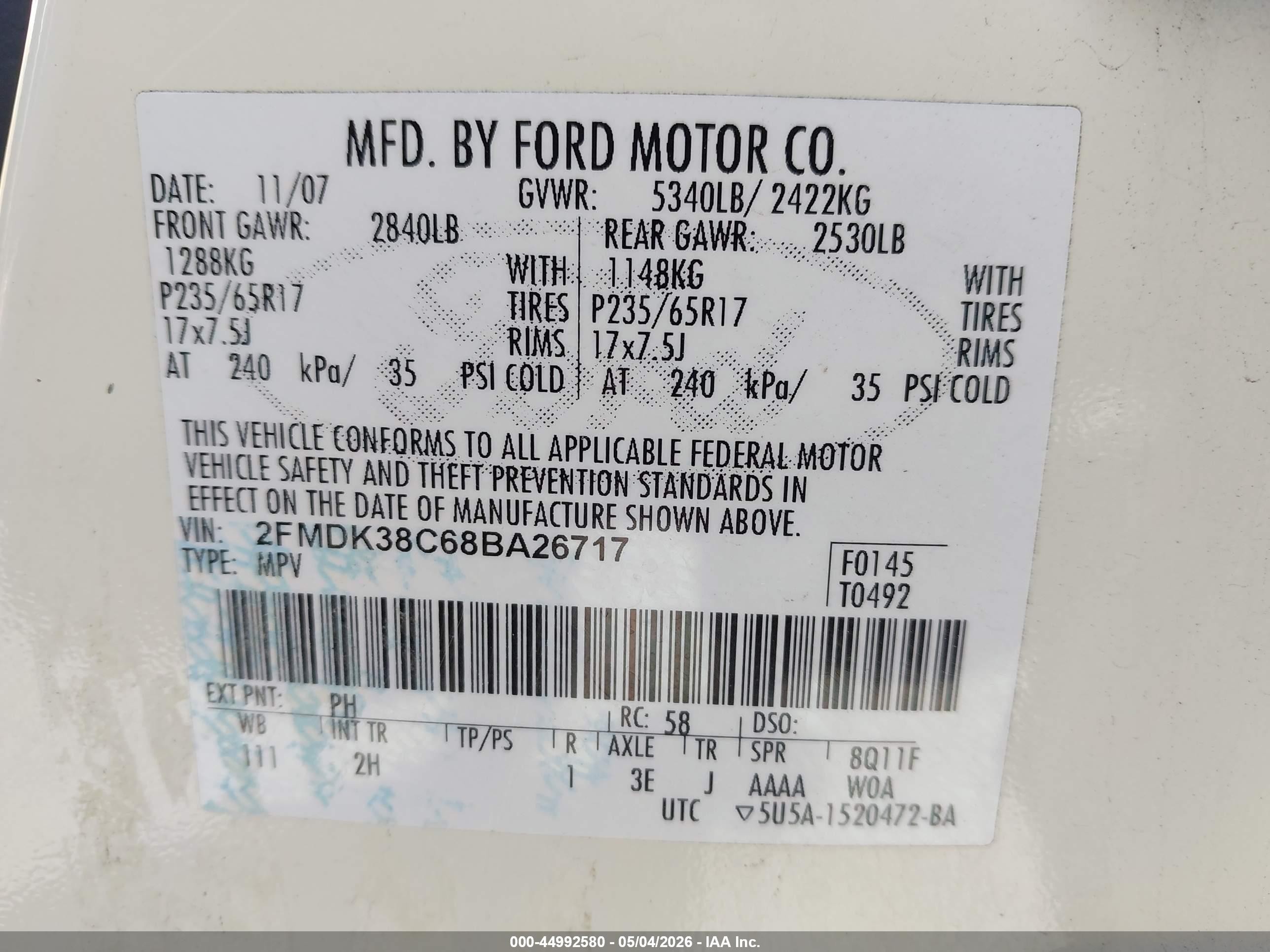 2008 Ford Edge Sel Cream vin: 2FMDK38C68BA26717