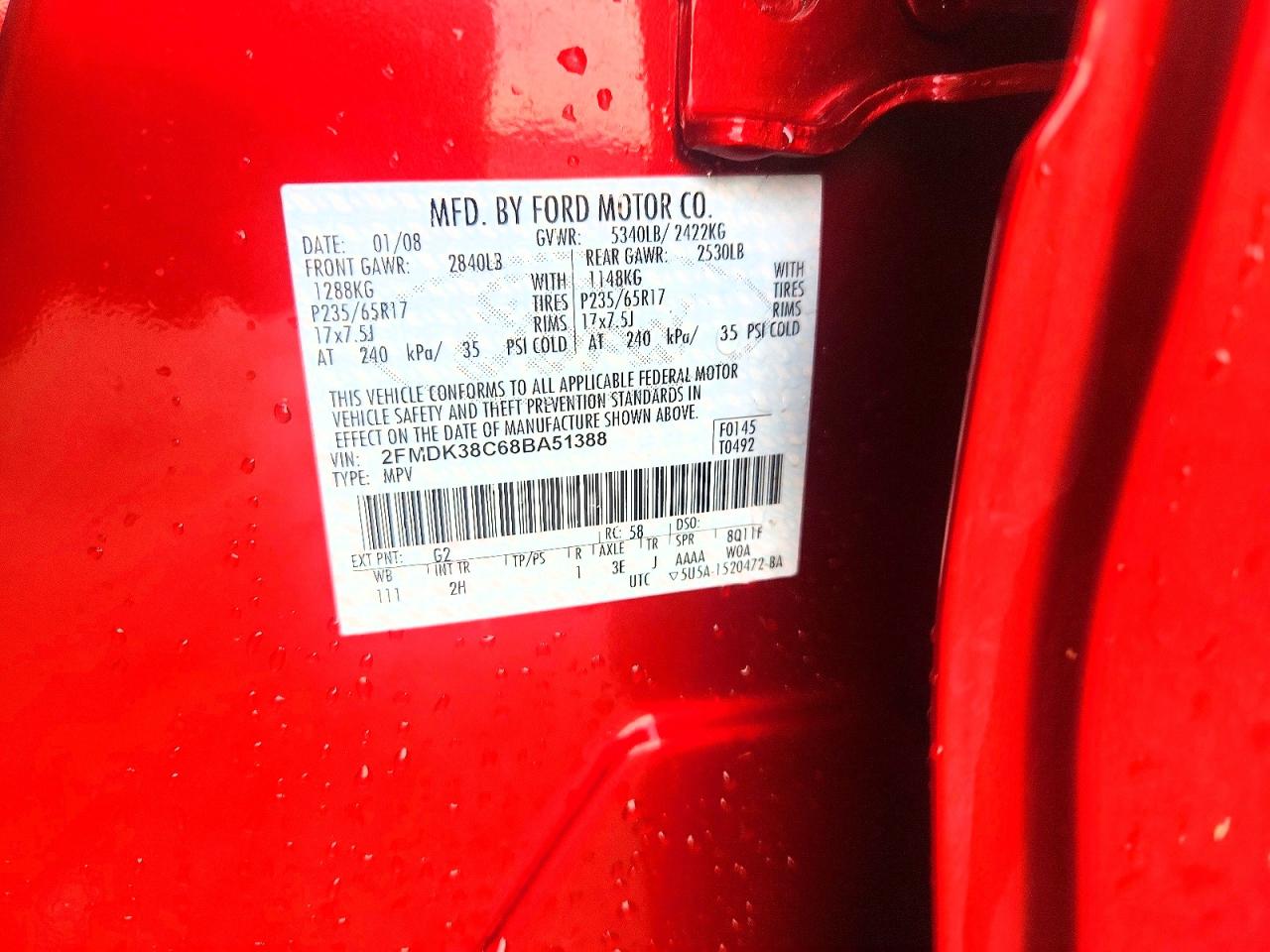 2008 Ford Edge Sel Red vin: 2FMDK38C68BA51388