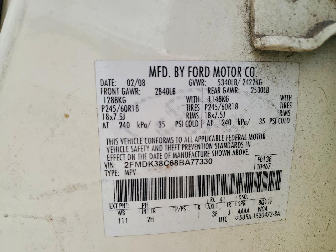 2008 Ford Edge Sel Cream vin: 2FMDK38C68BA77330