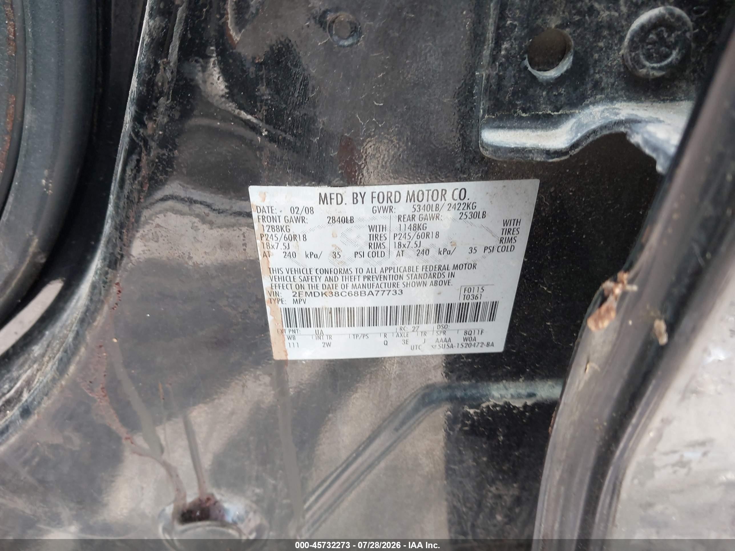 2008 Ford Edge Sel Черный vin: 2FMDK38C68BA77733