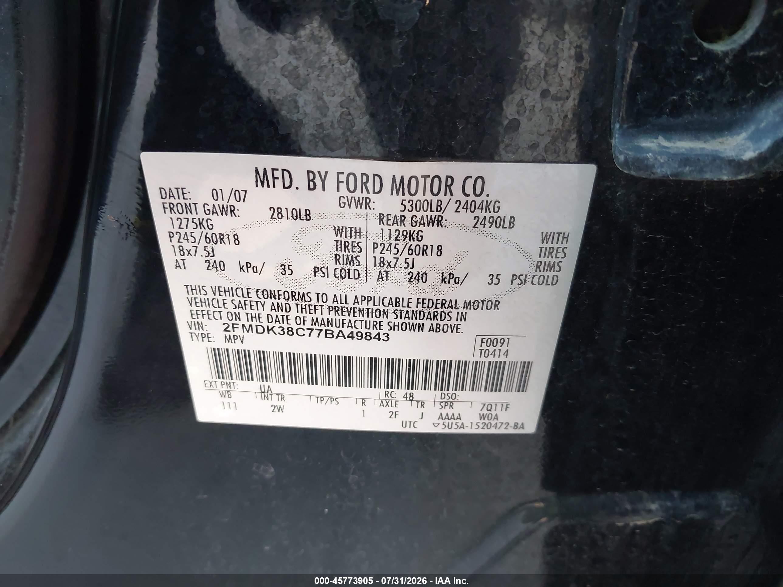 2007 Ford Edge Sel Черный vin: 2FMDK38C77BA49843