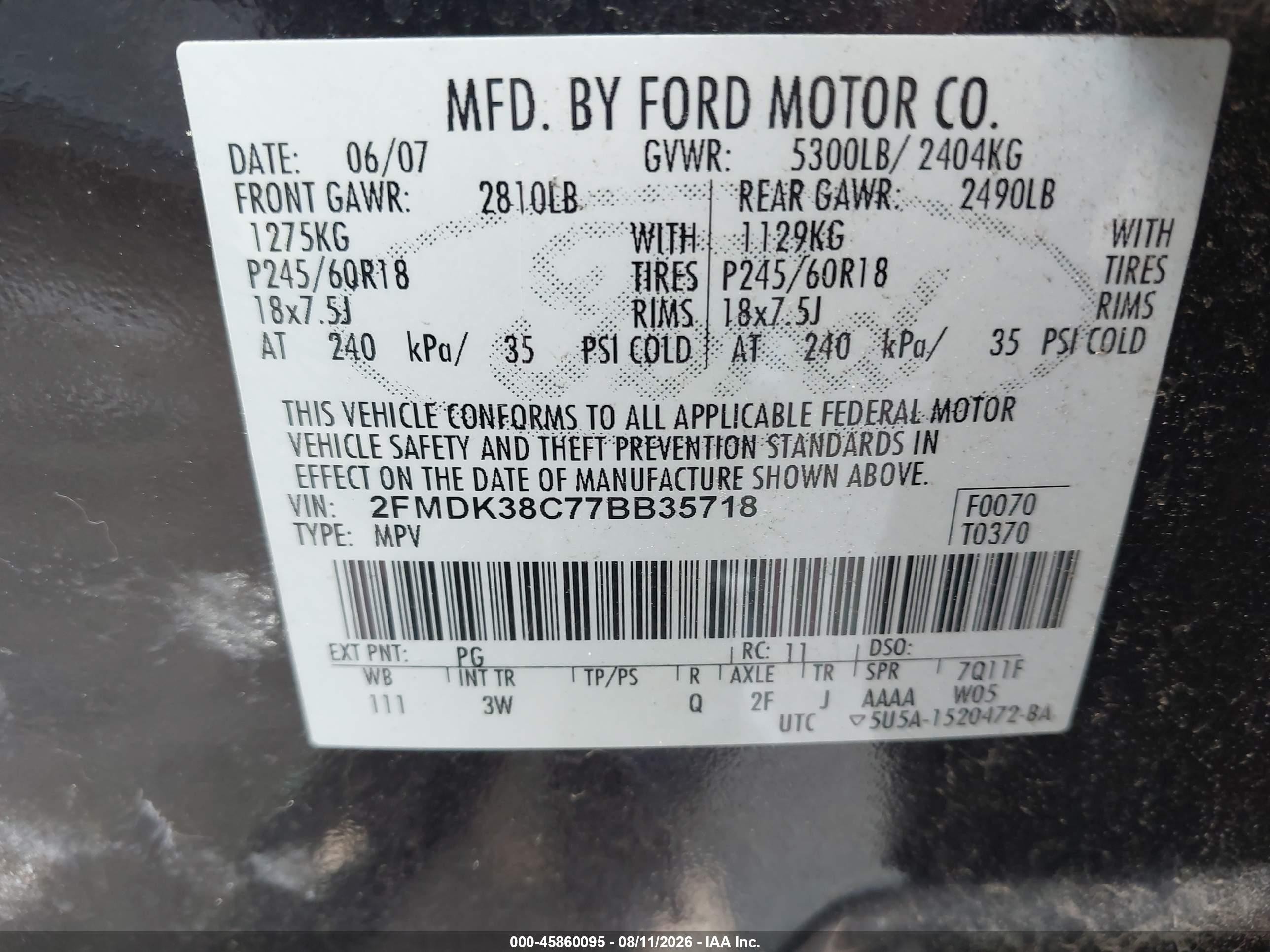 2007 Ford Edge Sel Синий vin: 2FMDK38C77BB35718