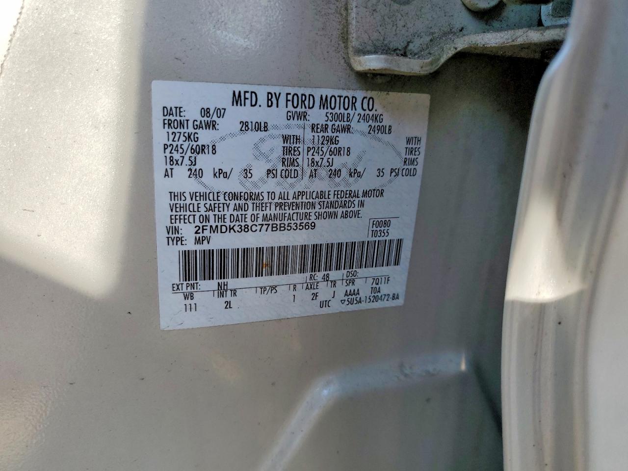 2007 Ford Edge Sel White vin: 2FMDK38C77BB53569