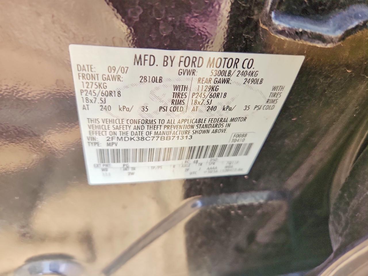 2007 Ford Edge Sel Фиолетовый vin: 2FMDK38C77BB71313